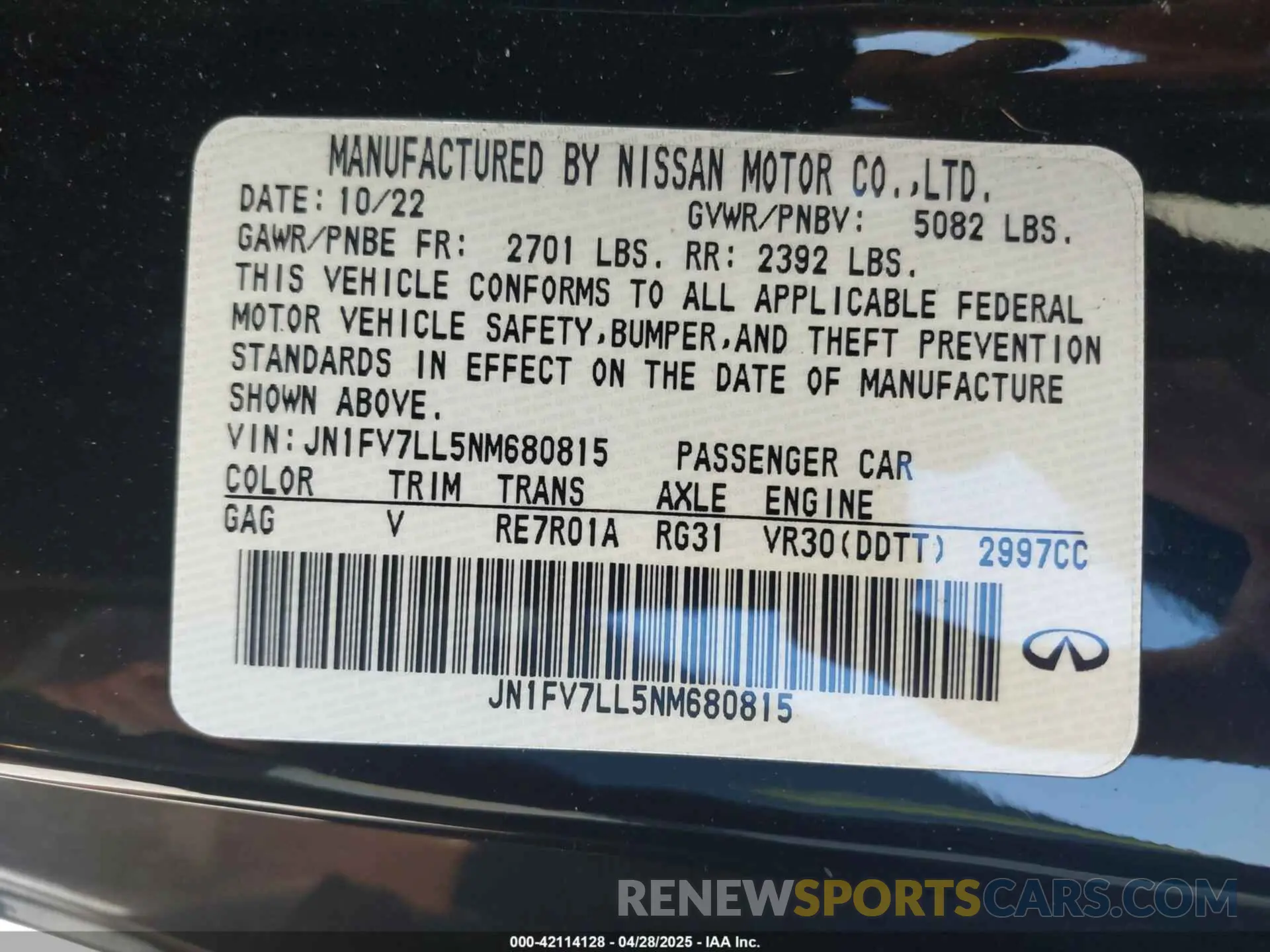 9 fotografías del automóvil dañado JN1FV7LL5NM680815 INFINITI Q60 2022