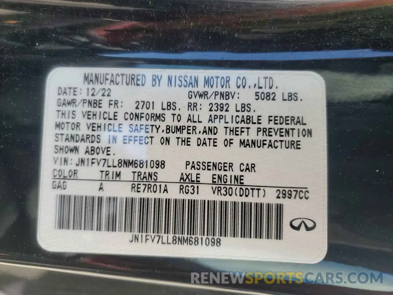 12 fotografías del automóvil dañado JN1FV7LL8NM681098 INFINITI Q60 2022