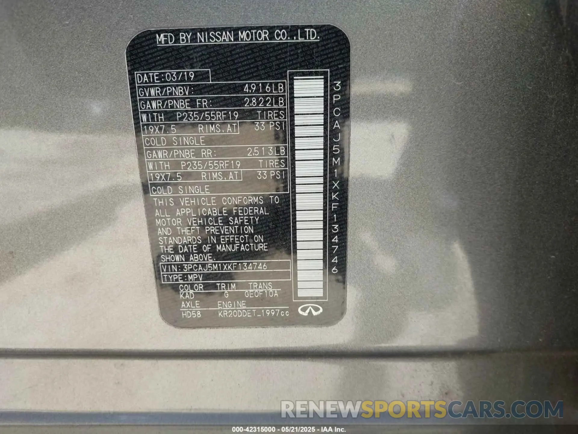 9 fotografías del automóvil dañado 3PCAJ5M1XKF134746 INFINITI QX50 2019