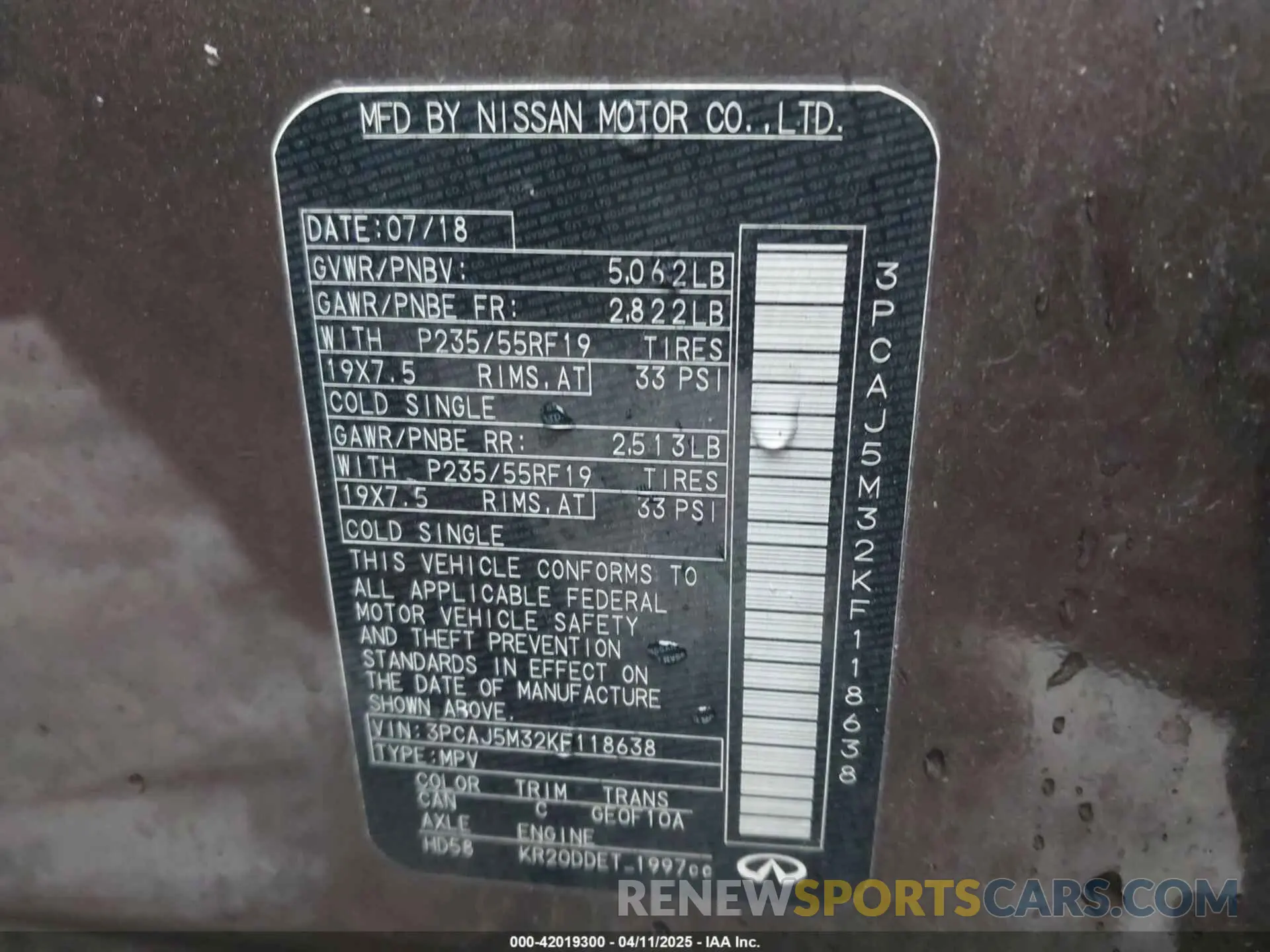 9 fotografías del automóvil dañado 3PCAJ5M32KF118638 INFINITI QX50 2019