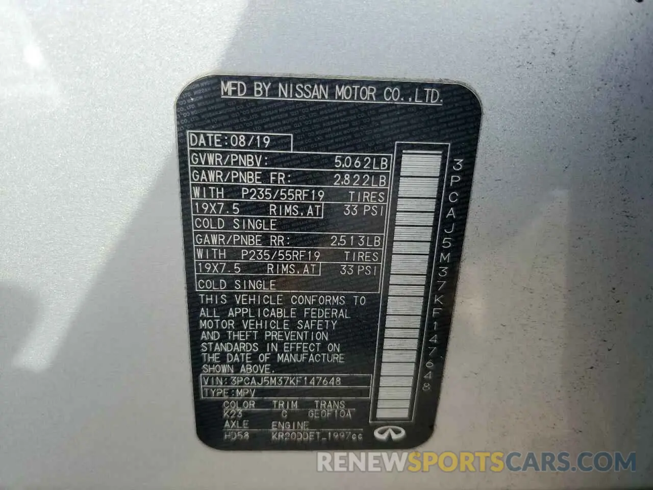 13 fotografías del automóvil dañado 3PCAJ5M37KF147648 INFINITI QX50 2019