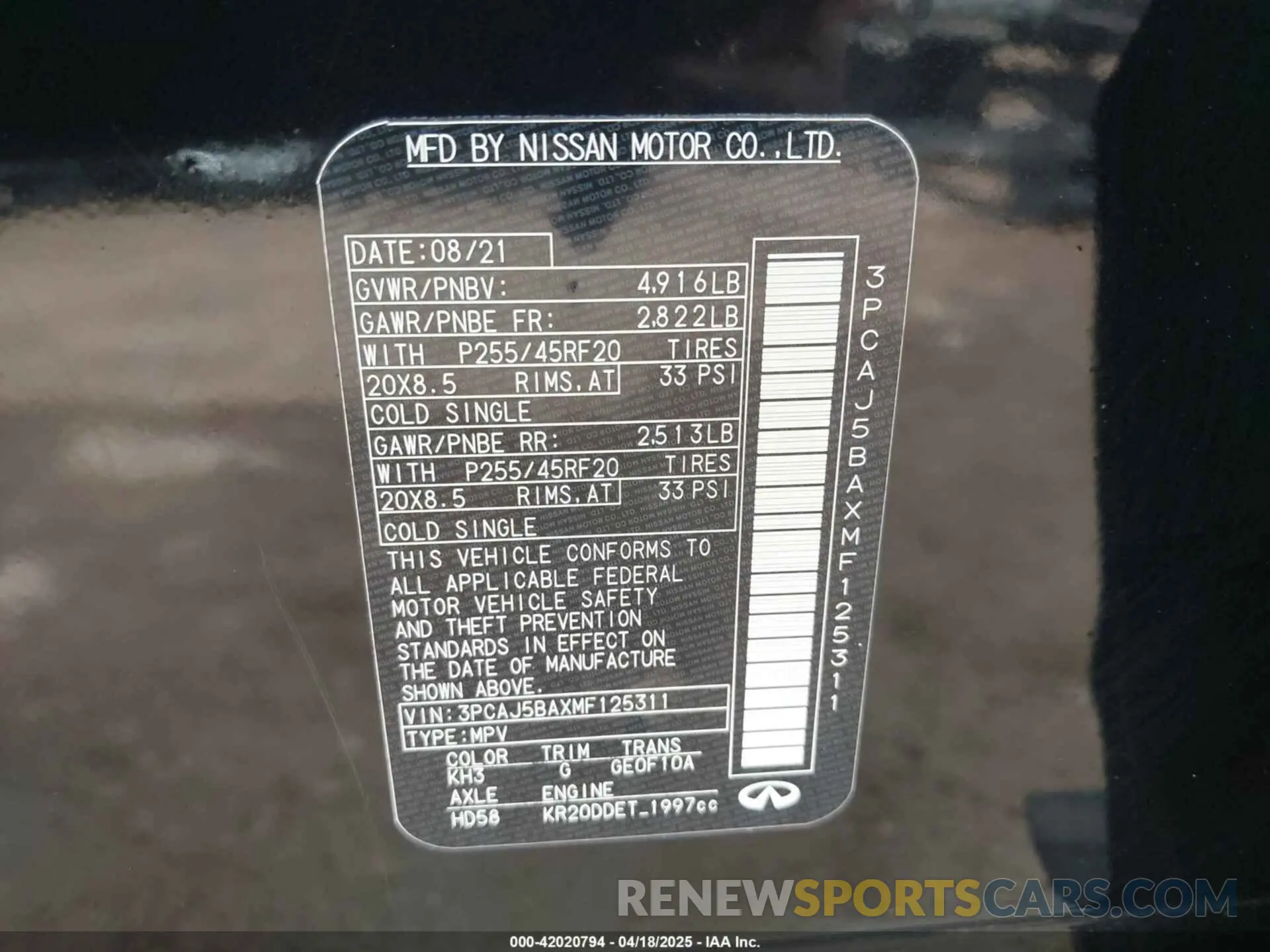 9 fotografías del automóvil dañado 3PCAJ5BAXMF125311 INFINITI QX50 2021
