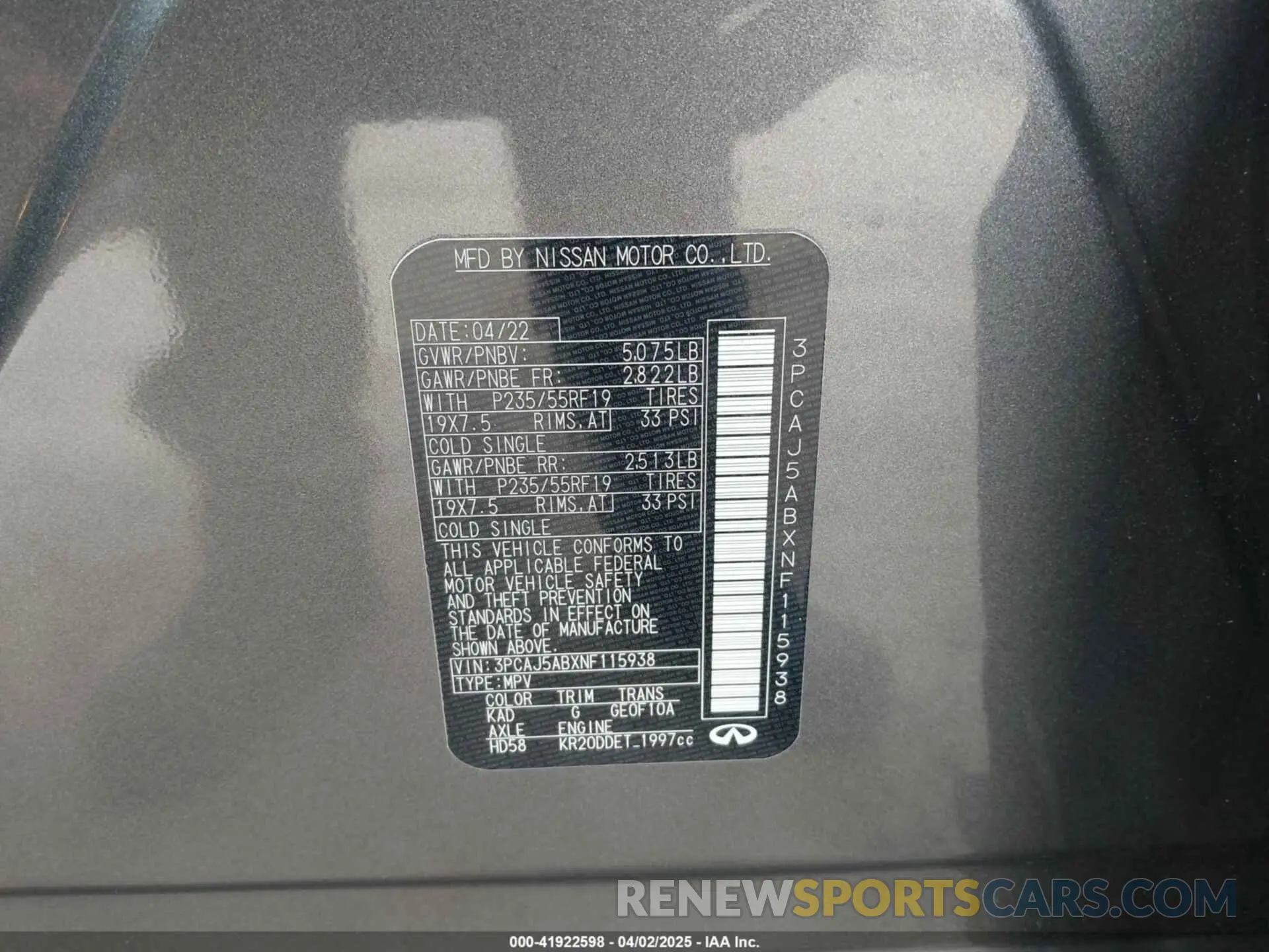 9 fotografías del automóvil dañado 3PCAJ5ABXNF115938 INFINITI QX50 2022