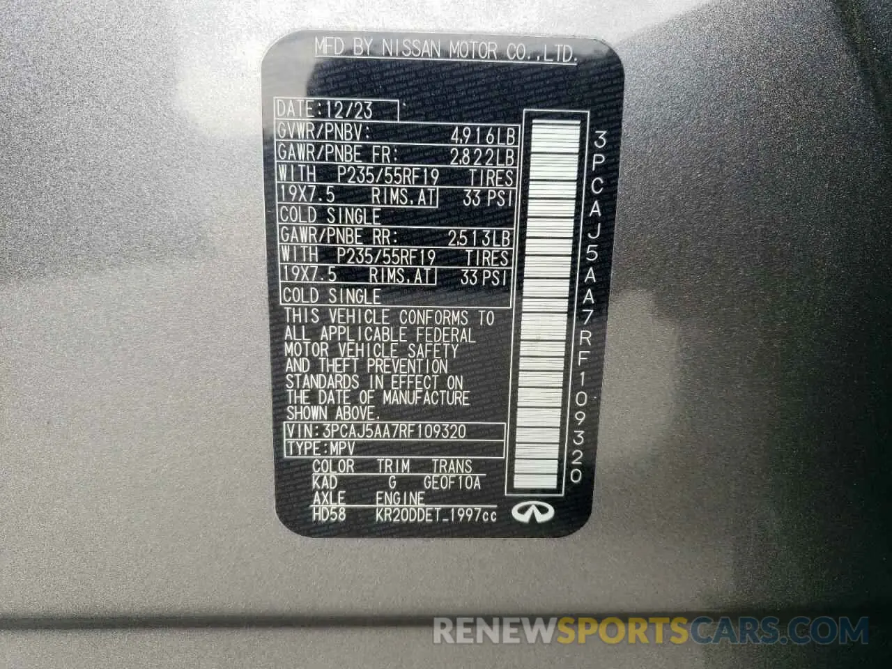 16 fotografías del automóvil dañado 3PCAJ5AA7RF109320 INFINITI QX50 2024