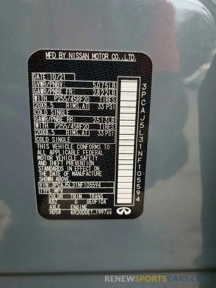 13 fotografías del automóvil dañado 3PCAJ5L31NF105594 INFINITI QX55 SENSO 2022