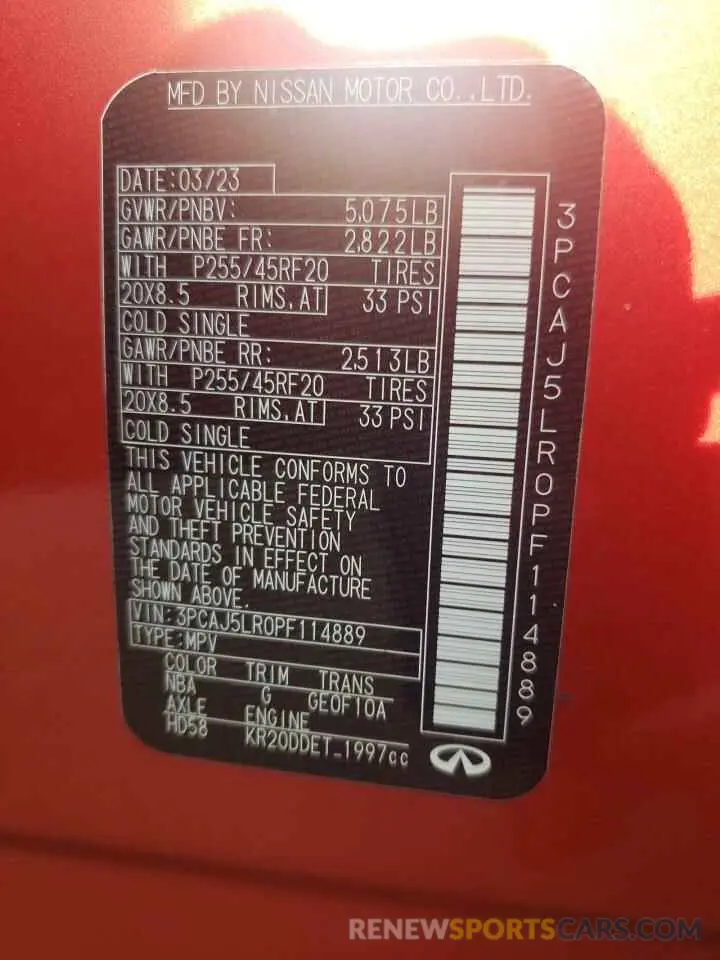 13 fotografías del automóvil dañado 3PCAJ5LR0PF114889 INFINITI QX55 SENSO 2023