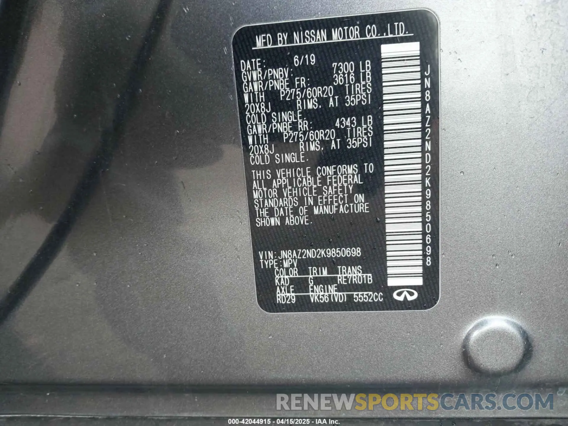 9 fotografías del automóvil dañado JN8AZ2ND2K9850698 INFINITI QX80 2019