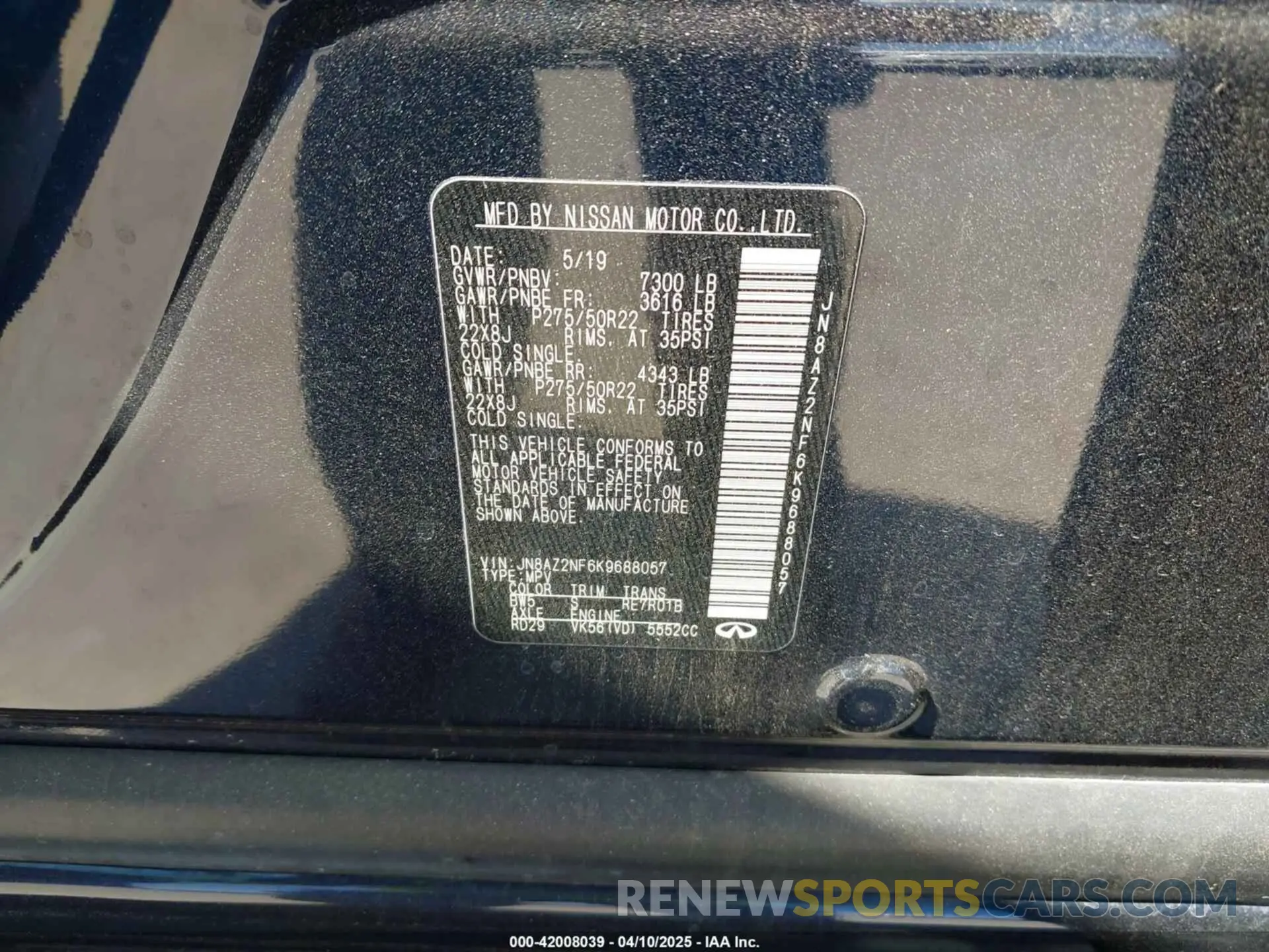 9 fotografías del automóvil dañado JN8AZ2NF6K9688057 INFINITI QX80 2019