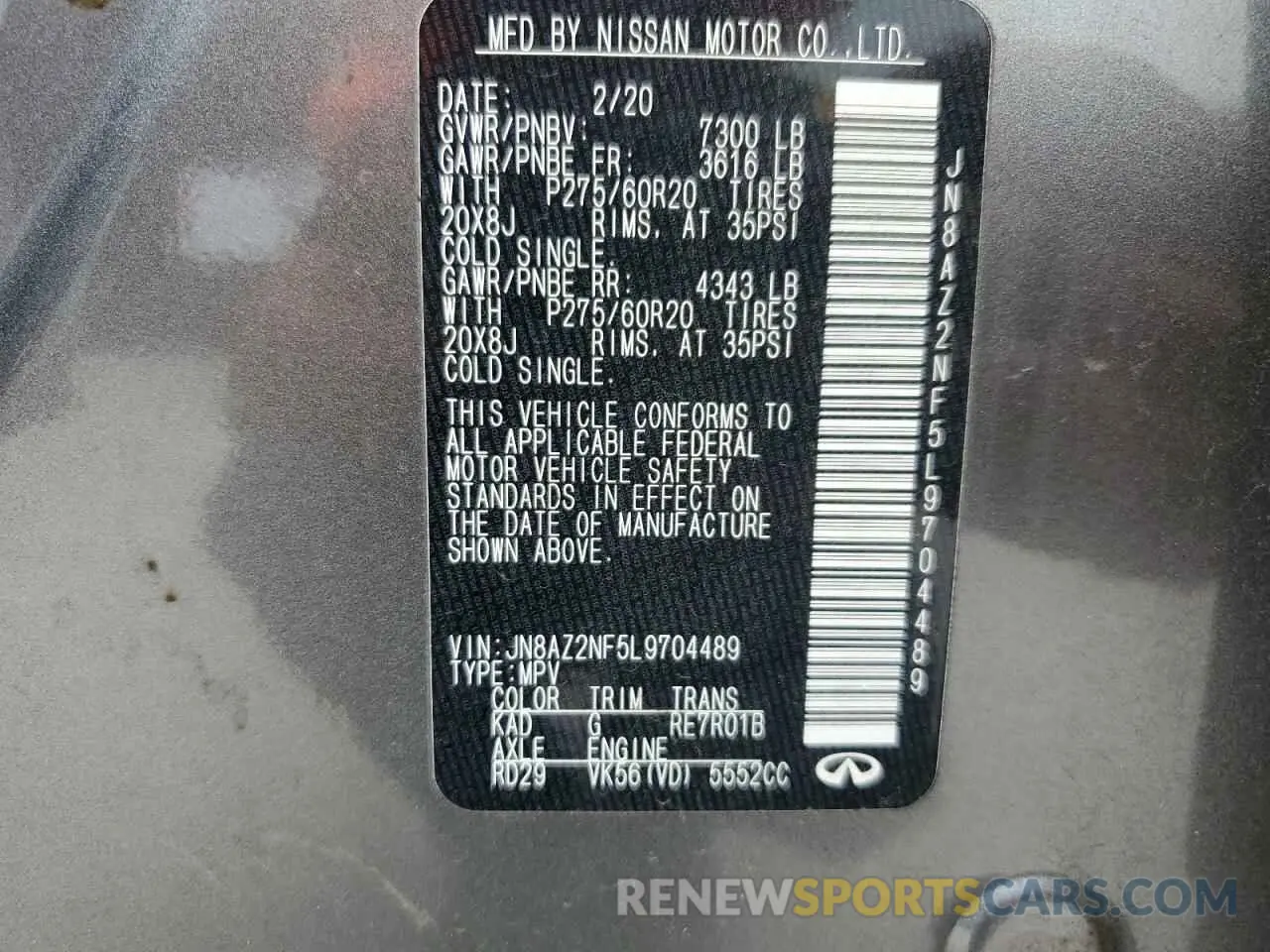 14 fotografías del automóvil dañado JN8AZ2NF5L9704489 INFINITI QX80 2020