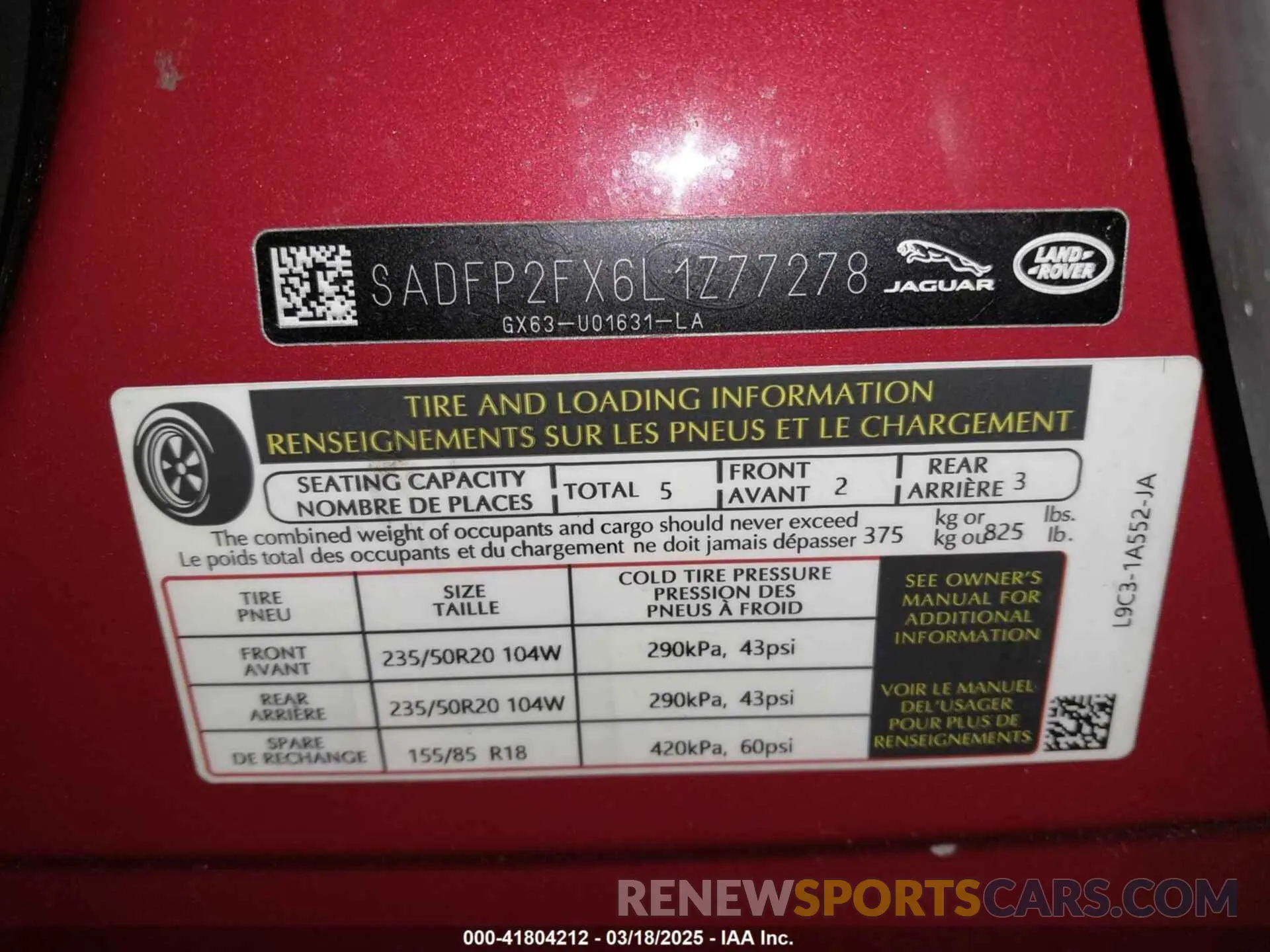 18 fotografías del automóvil dañado SADFP2FX6L1Z77278 JAGUAR E-PACE 2020