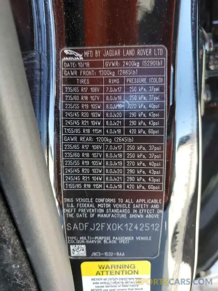14 fotografías del automóvil dañado SADFJ2FX0K1Z42512 JAGUAR ETYPE 2019