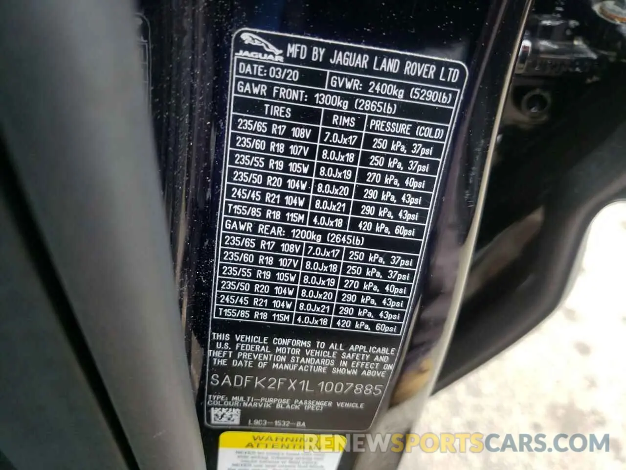 10 fotografías del automóvil dañado SADFK2FX1L1007885 JAGUAR ETYPE 2020