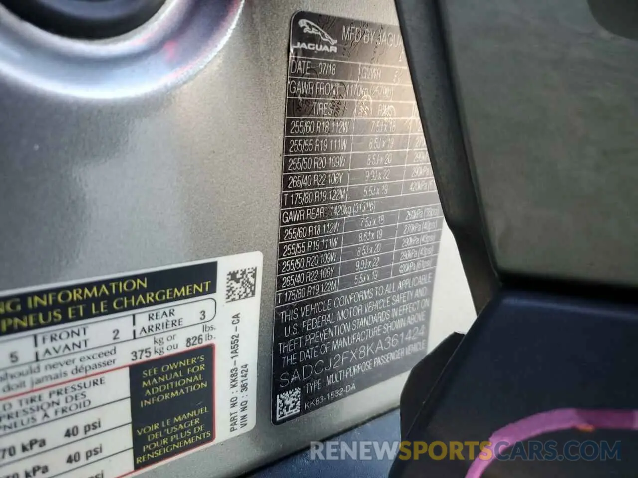 14 fotografías del automóvil dañado SADCJ2FX8KA361424 JAGUAR F-PACE 2019