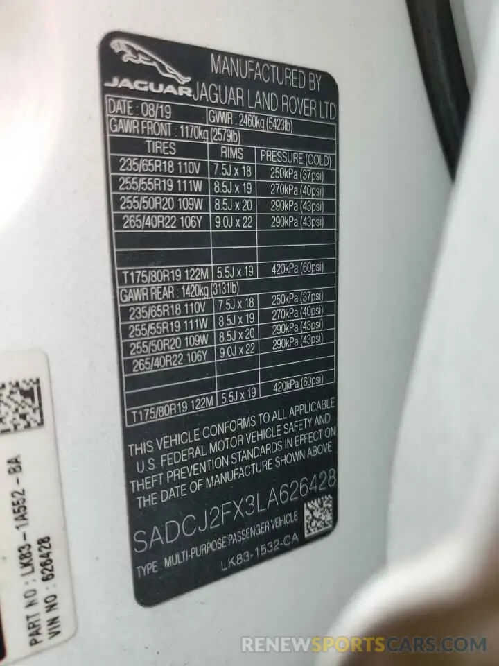 14 fotografías del automóvil dañado SADCJ2FX3LA626428 JAGUAR F-PACE 2020
