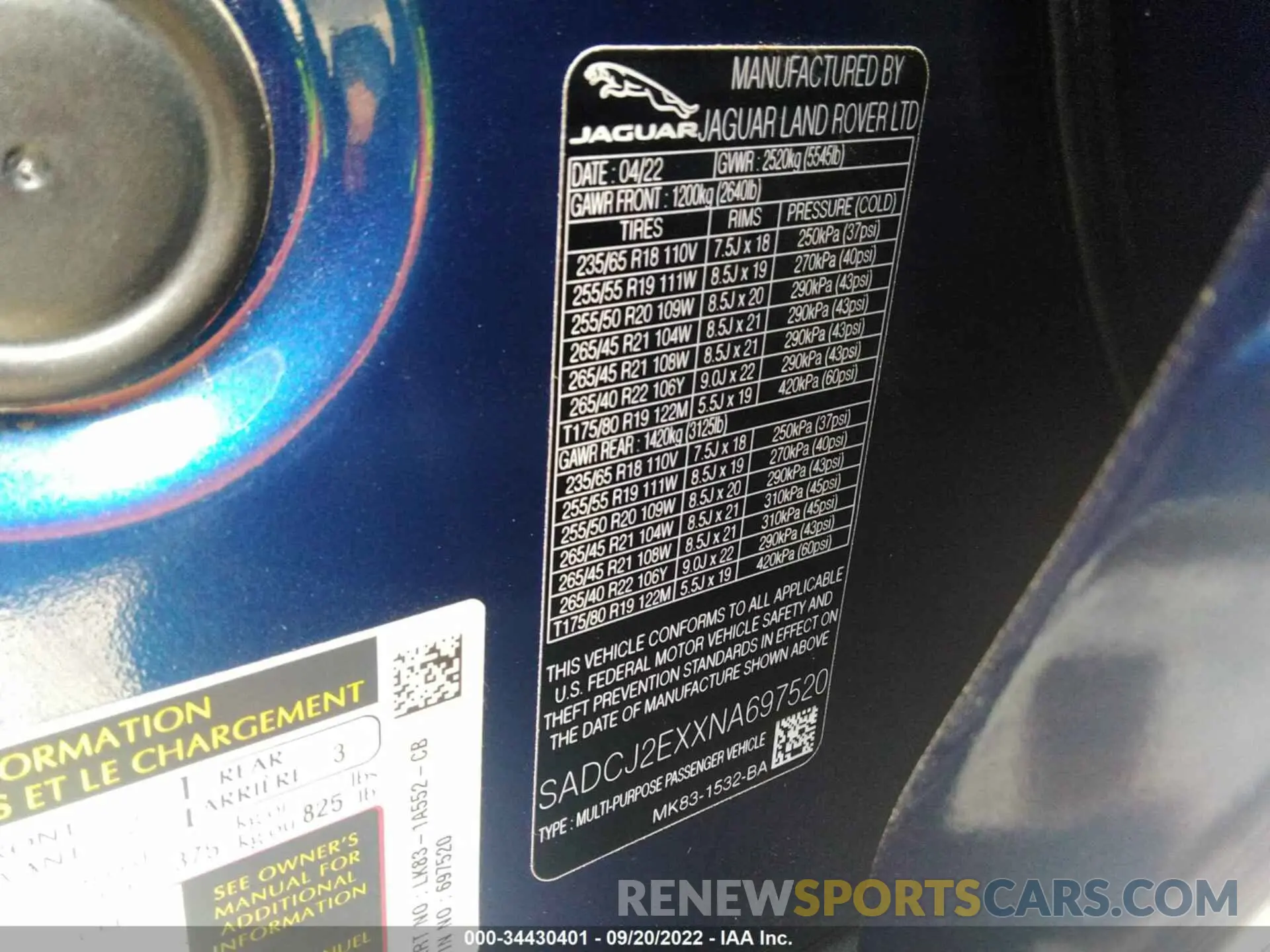 9 fotografías del automóvil dañado SADCJ2EXXNA697520 JAGUAR F-PACE 2022