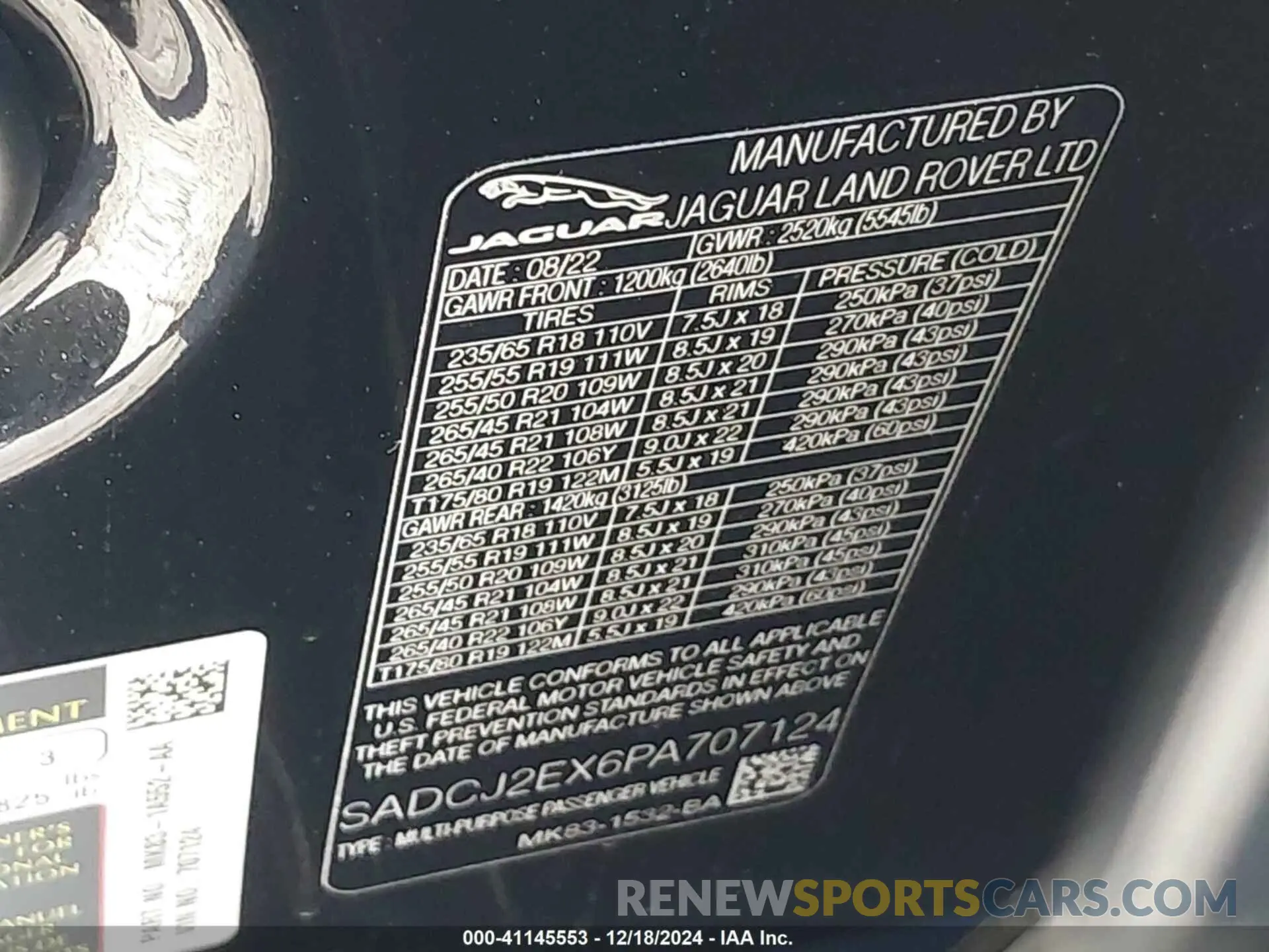 9 fotografías del automóvil dañado SADCJ2EX6PA707124 JAGUAR F-PACE 2023