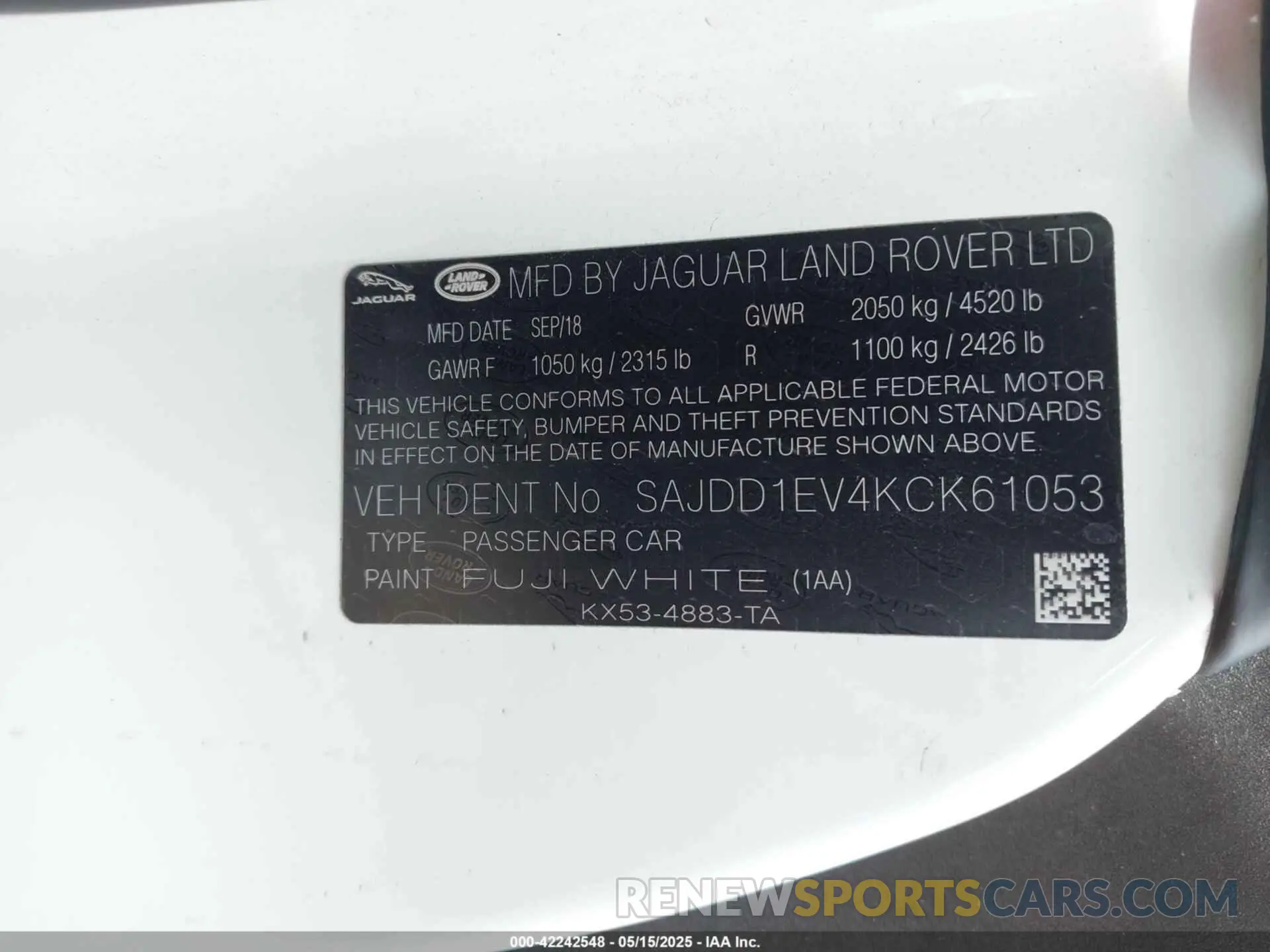 9 fotografías del automóvil dañado SAJDD1EV4KCK61053 JAGUAR F-TYPE 2019