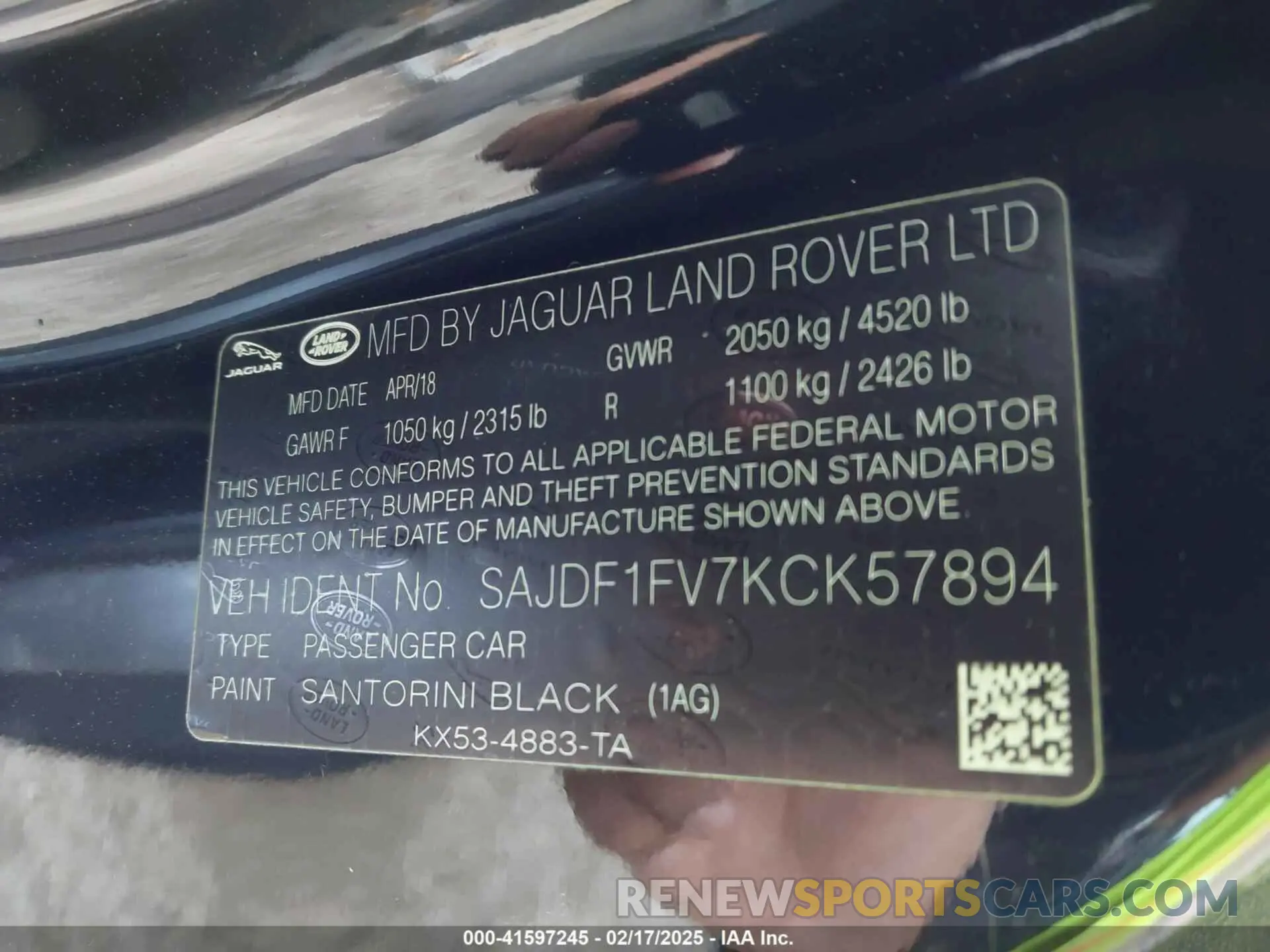 9 fotografías del automóvil dañado SAJDF1FV7KCK57894 JAGUAR F-TYPE 2019