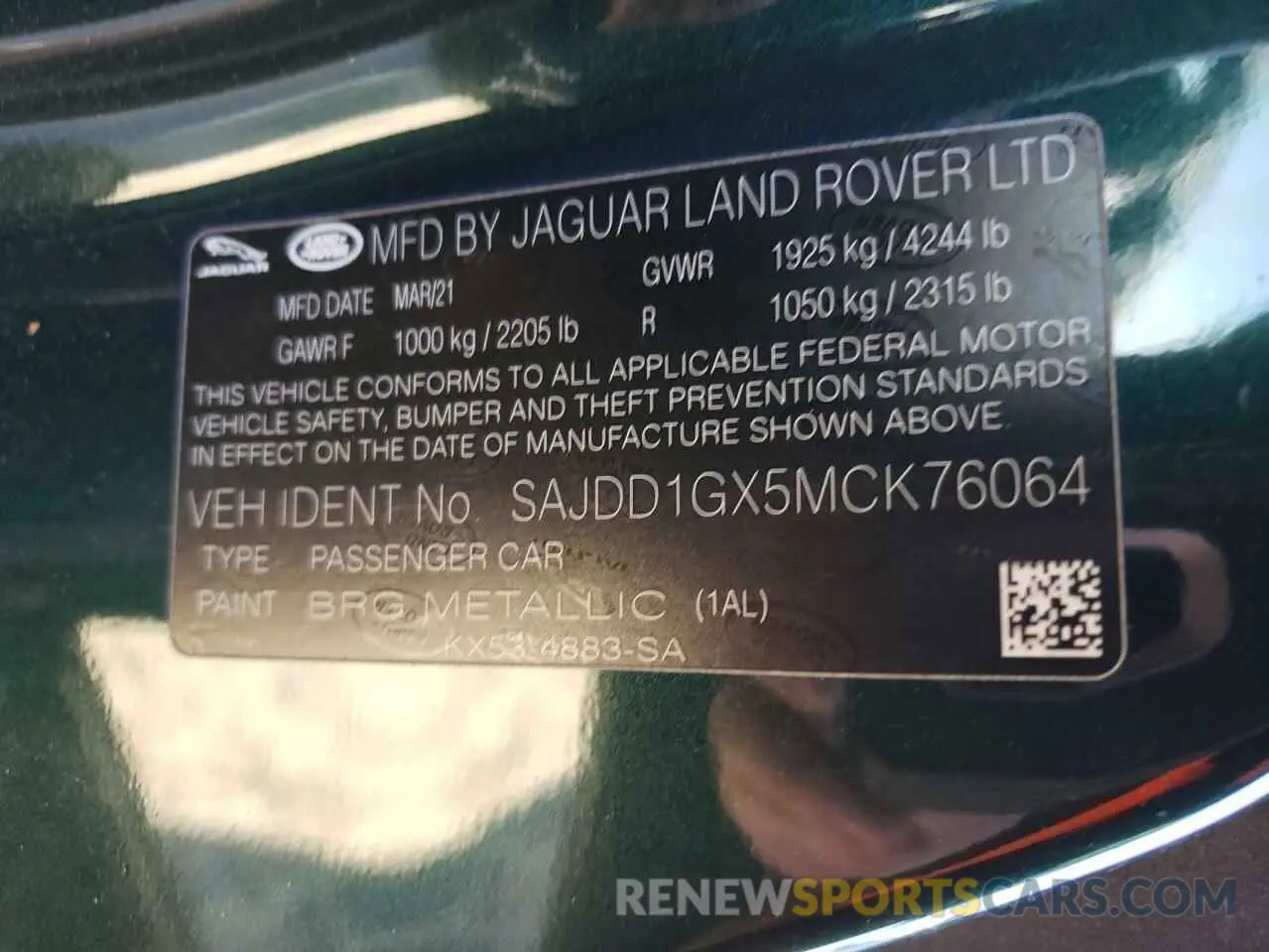12 fotografías del automóvil dañado SAJDD1GX5MCK76064 JAGUAR F-TYPE 2021