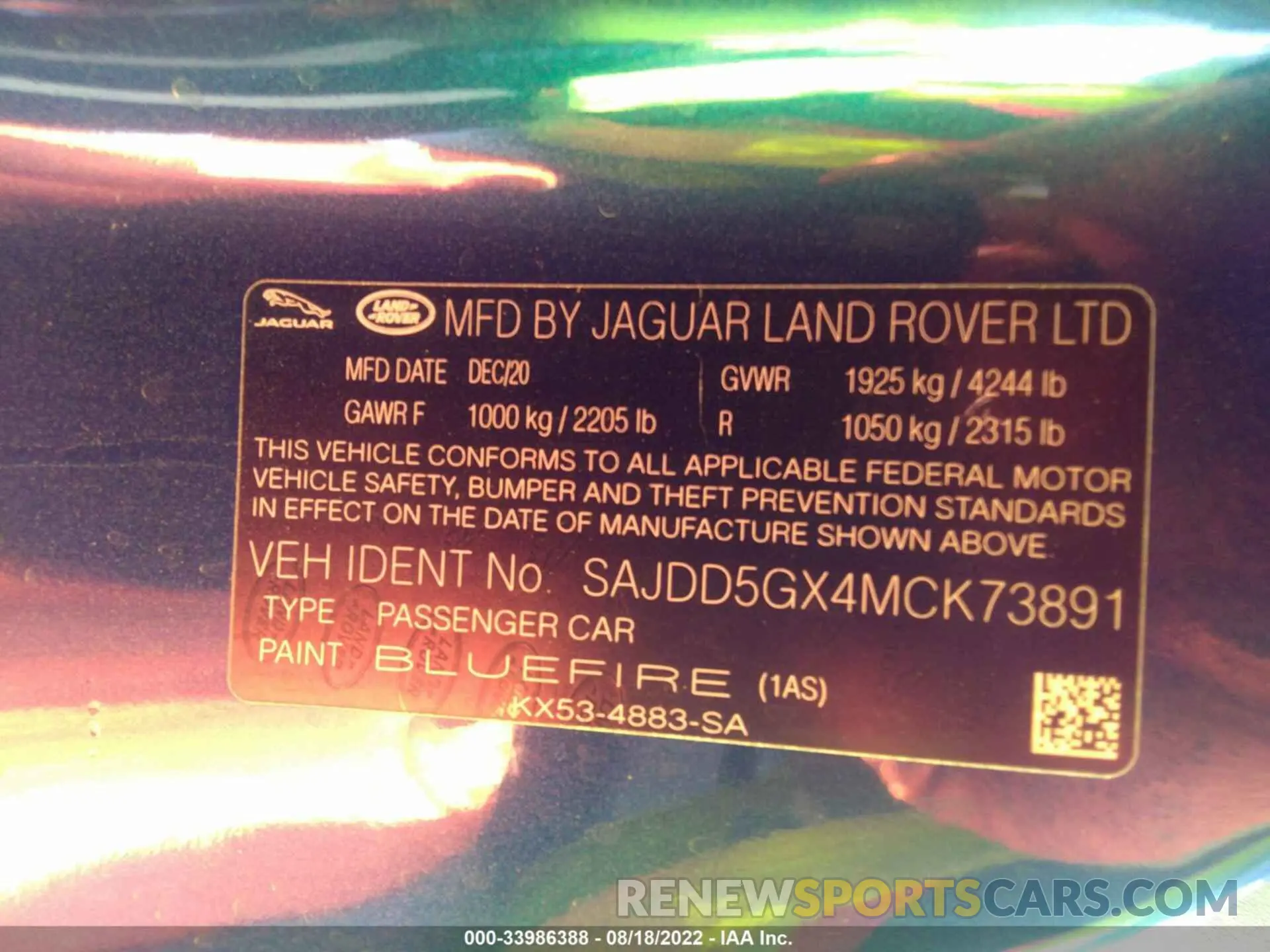 9 fotografías del automóvil dañado SAJDD5GX4MCK73891 JAGUAR F-TYPE 2021