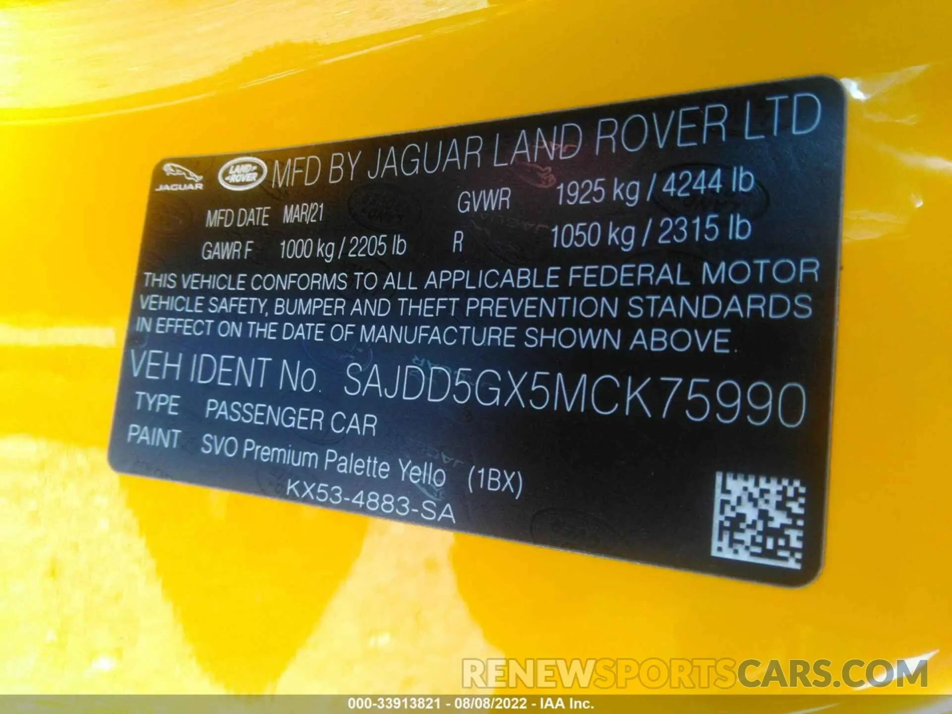 9 fotografías del automóvil dañado SAJDD5GX5MCK75990 JAGUAR F-TYPE 2021