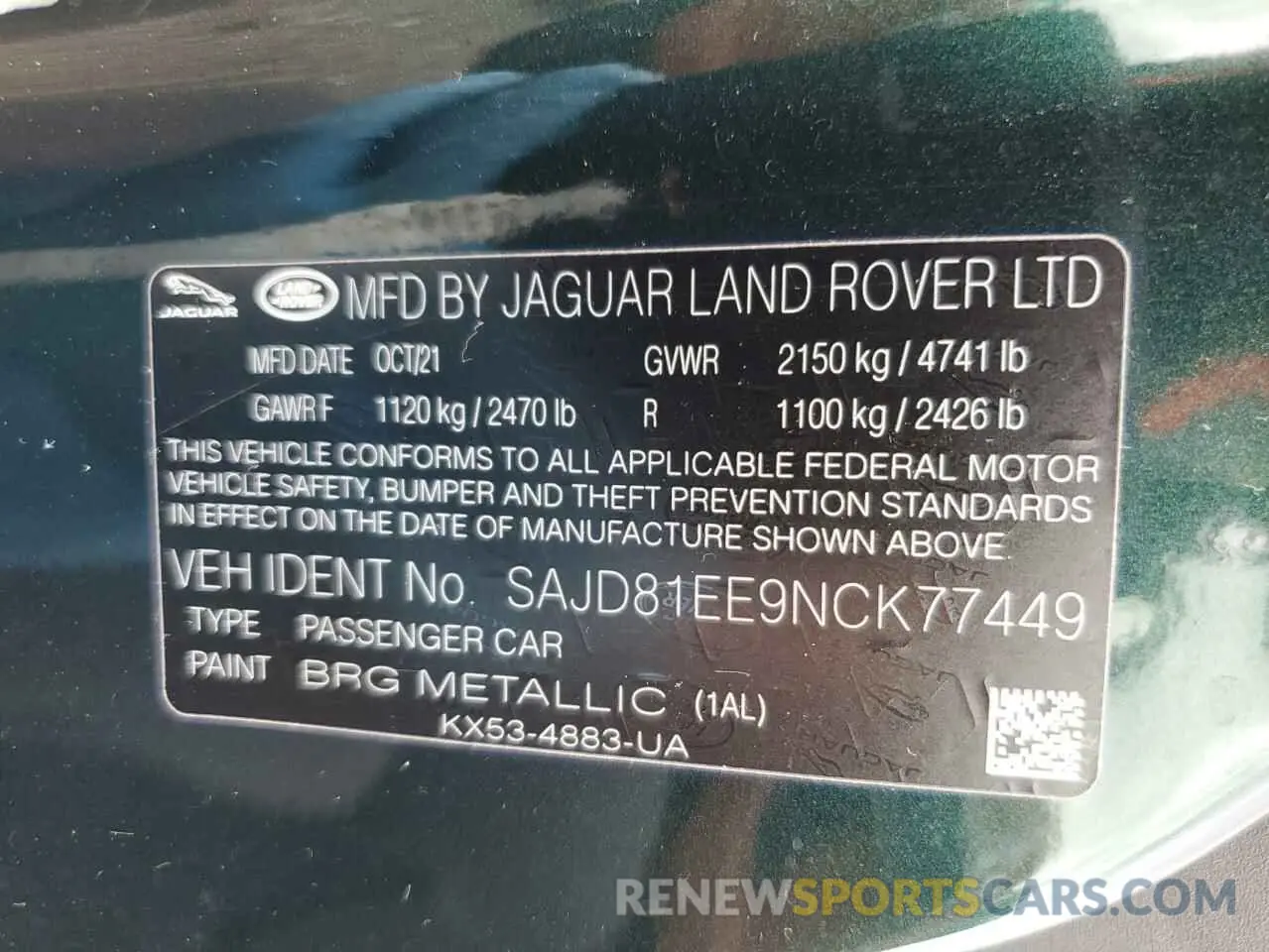 12 fotografías del automóvil dañado SAJD81EE9NCK77449 JAGUAR F-TYPE 2022