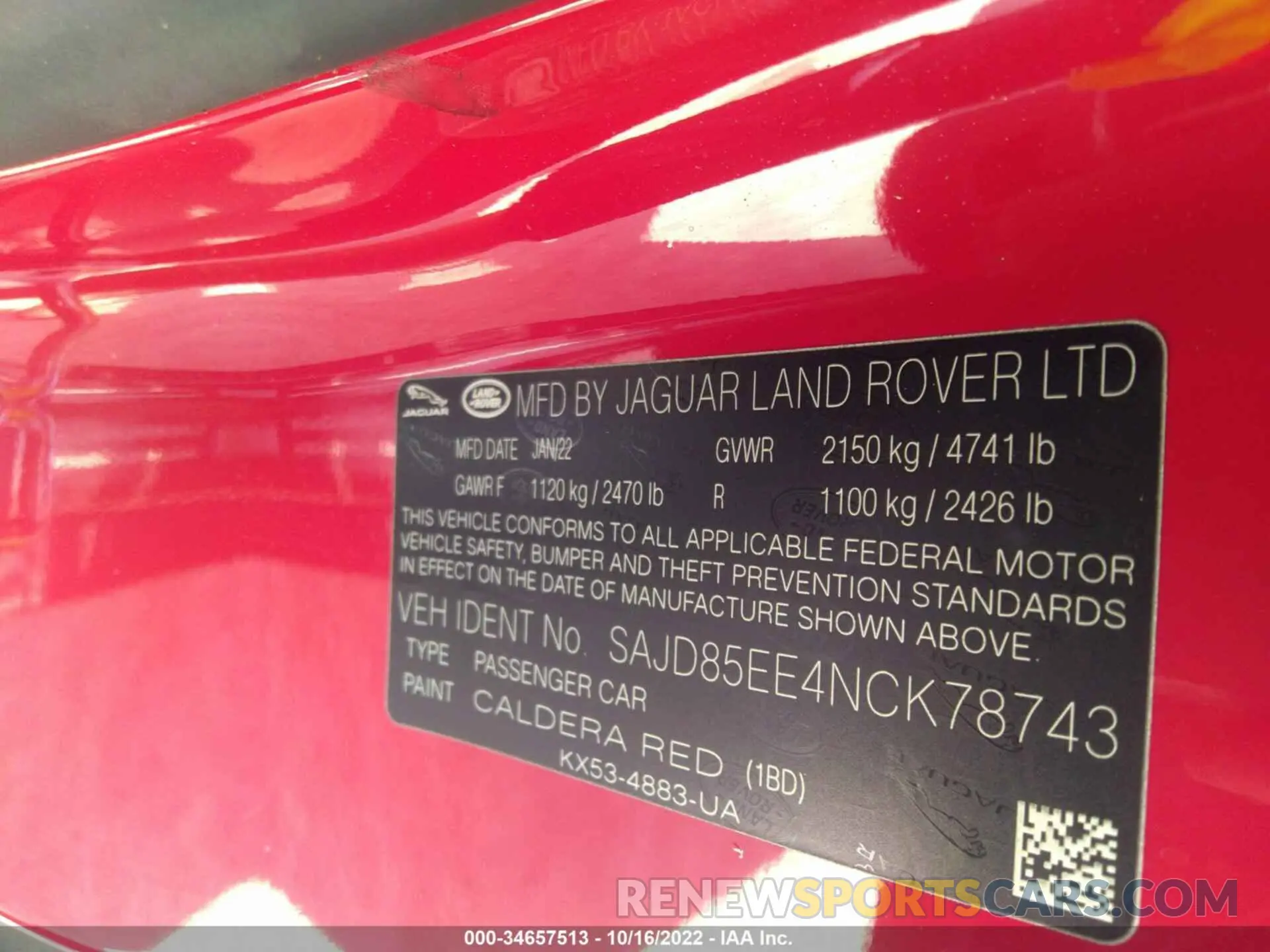 9 fotografías del automóvil dañado SAJD85EE4NCK78743 JAGUAR F-TYPE 2022