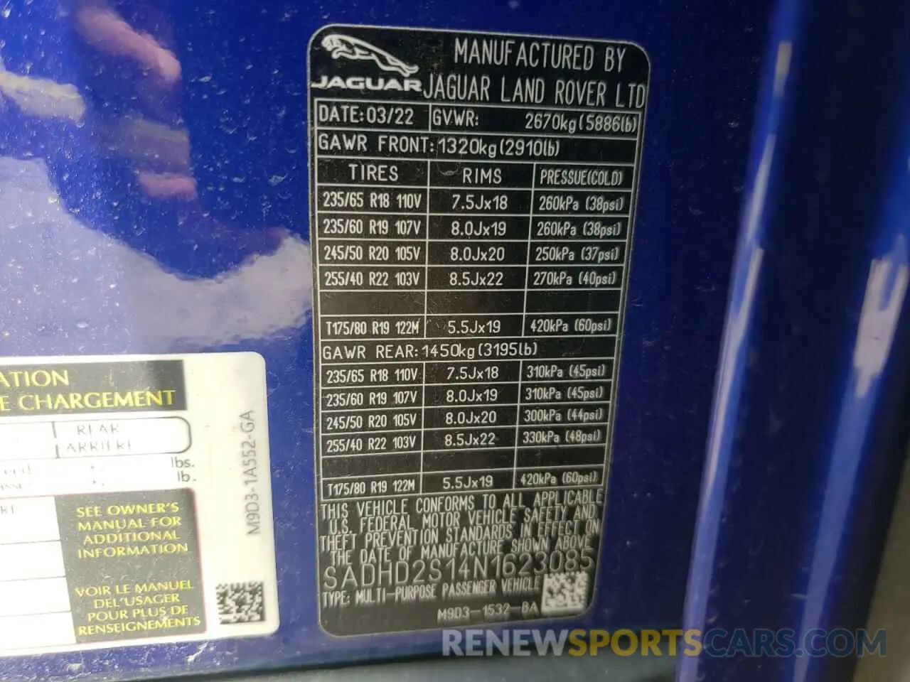 10 fotografías del automóvil dañado SADHD2S14N1623085 JAGUAR I-PACE 2022