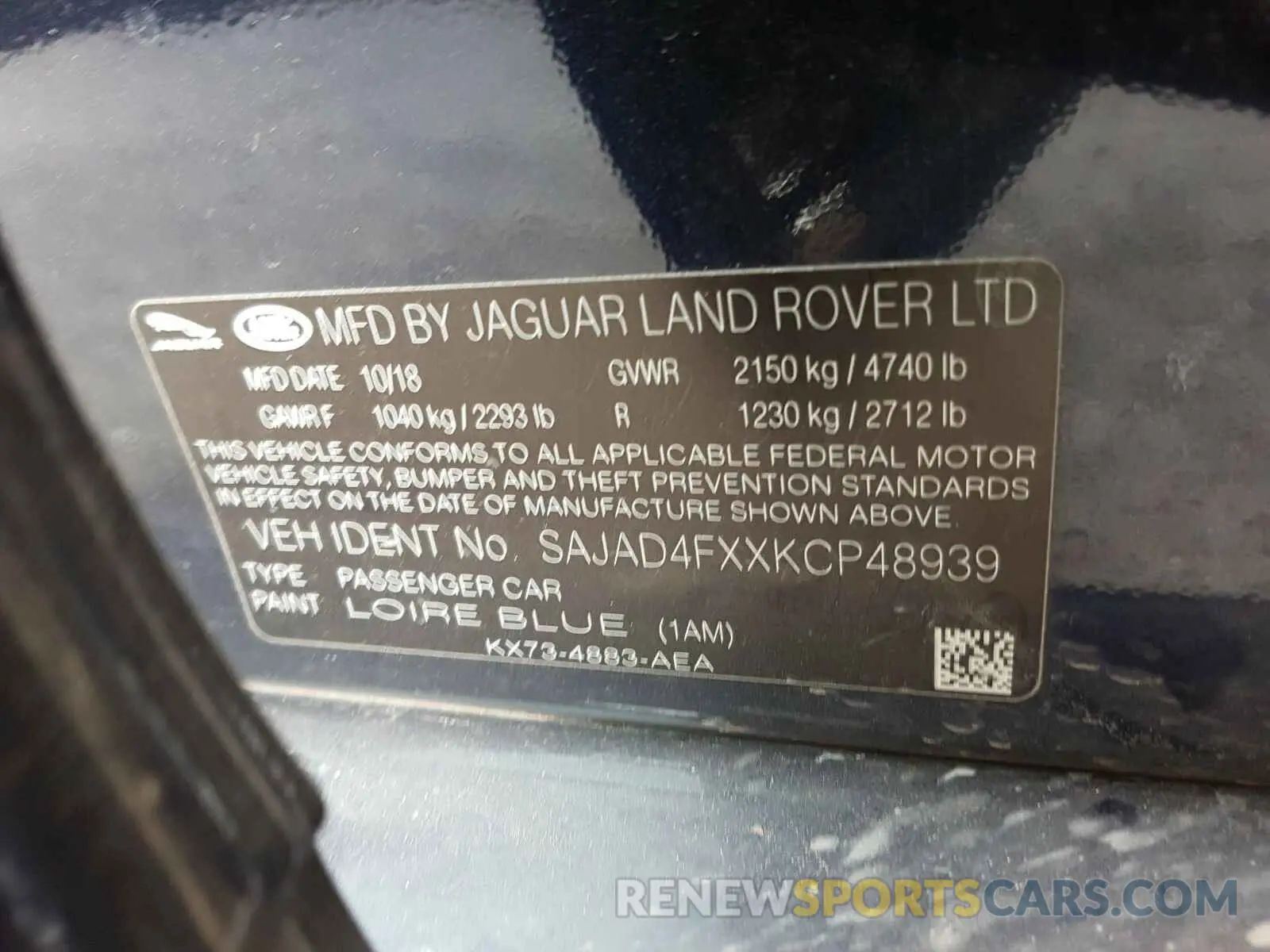 10 fotografías del automóvil dañado SAJAD4FXXKCP48939 JAGUAR XE 2019