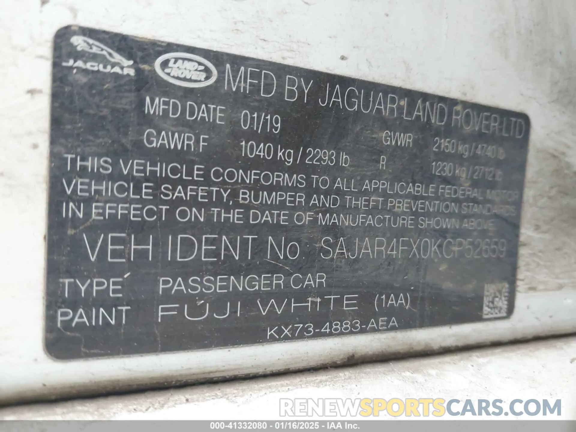 9 fotografías del automóvil dañado SAJAR4FX0KCP52659 JAGUAR XE 2019