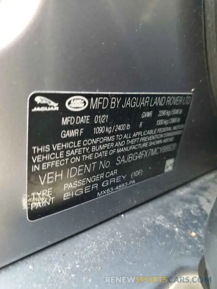 10 fotografías del automóvil dañado SAJBG4FX7MCY88820 JAGUAR XF 2021