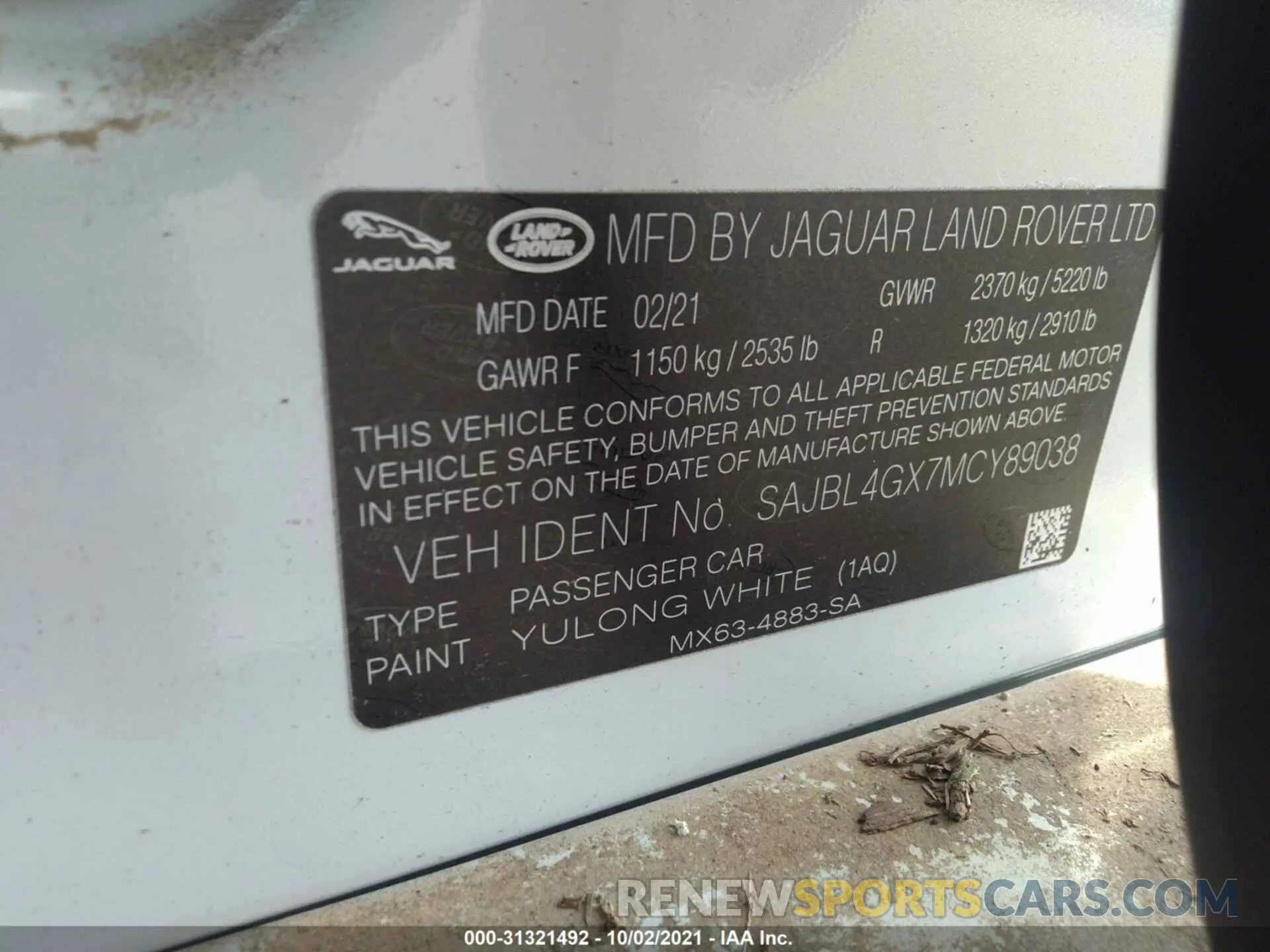 9 fotografías del automóvil dañado SAJBL4GX7MCY89038 JAGUAR XF 2021