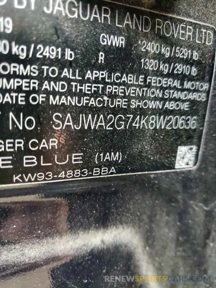 10 fotografías del automóvil dañado SAJWA2G74K8W20636 JAGUAR XJ 2019