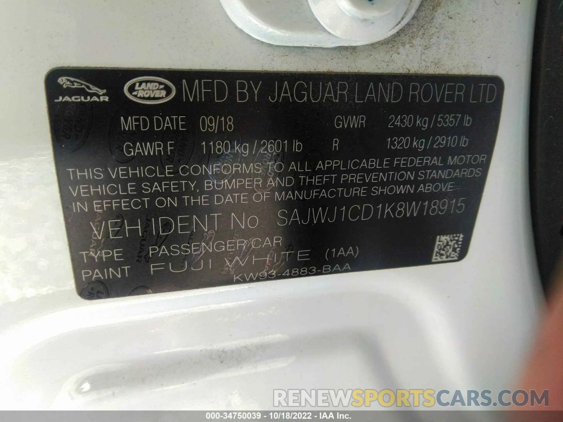 9 fotografías del automóvil dañado SAJWJ1CD1K8W18915 JAGUAR XJ 2019