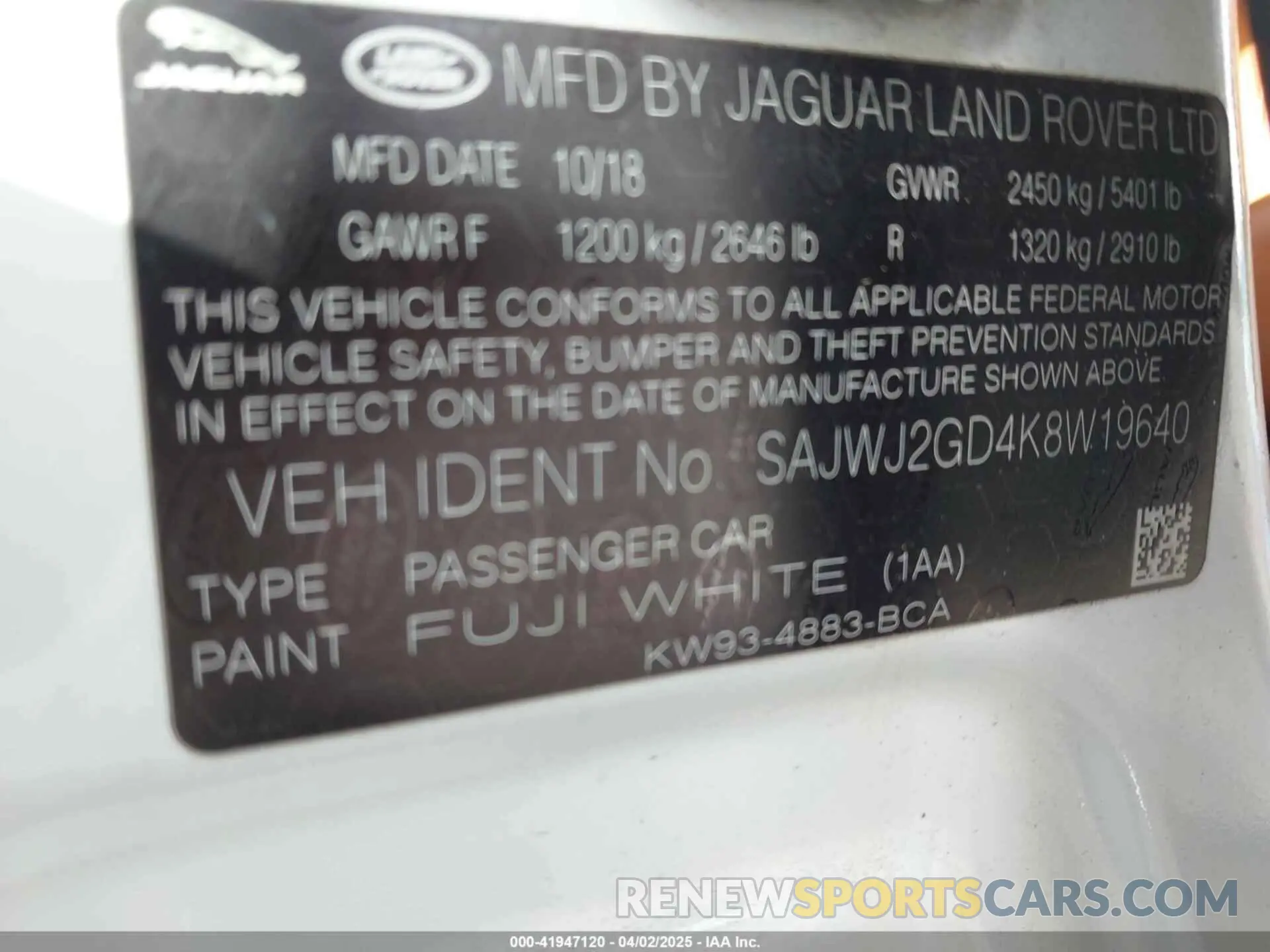 9 fotografías del automóvil dañado SAJWJ2GD4K8W19640 JAGUAR XJ 2019