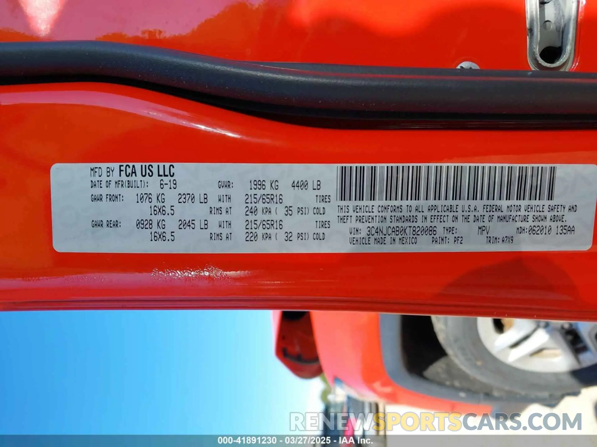 9 fotografías del automóvil dañado 3C4NJCAB0KT820086 JEEP COMPASS 2019