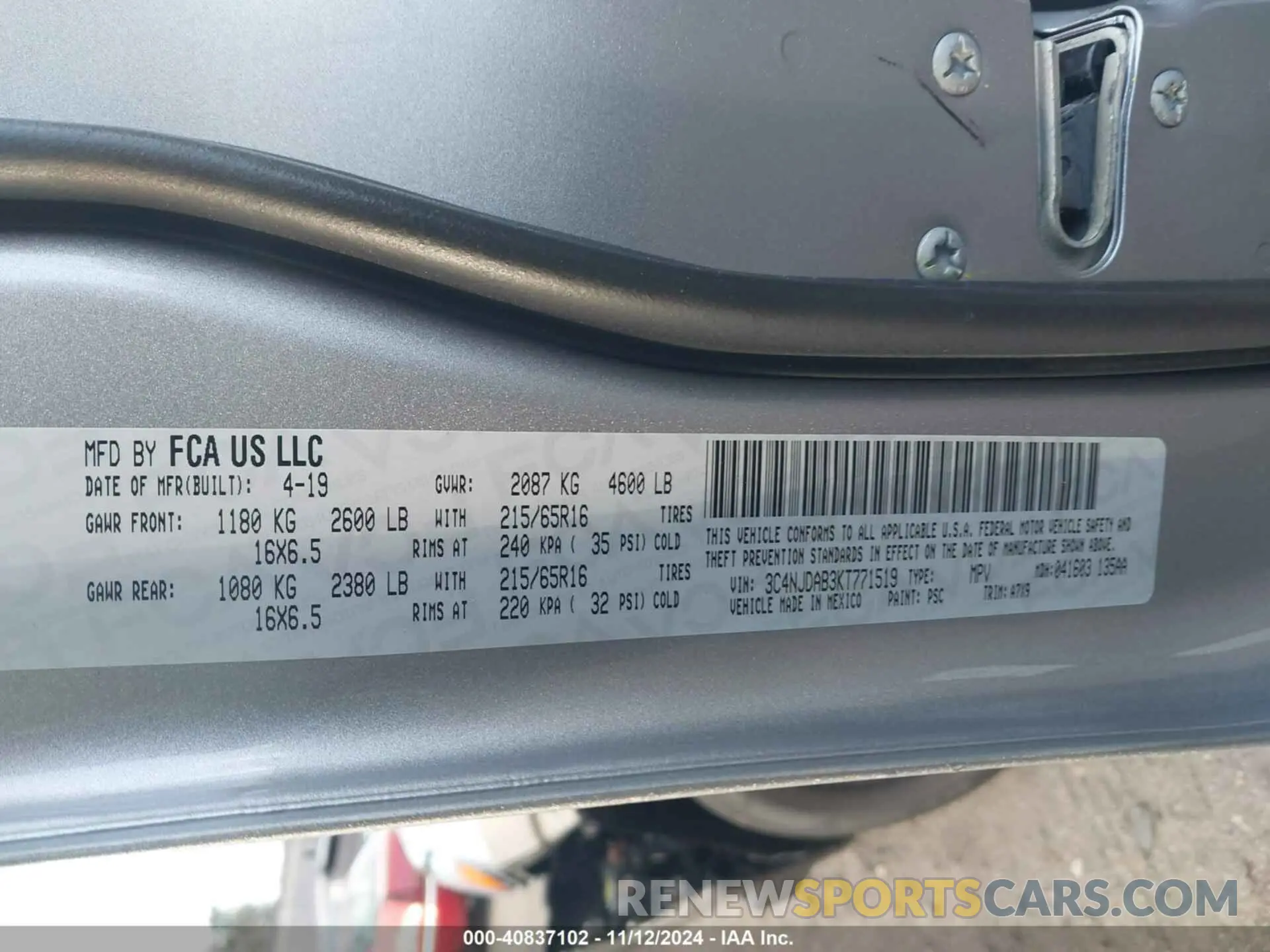 9 fotografías del automóvil dañado 3C4NJDAB3KT771519 JEEP COMPASS 2019