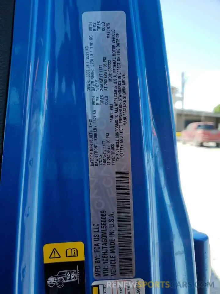 15 fotografías del automóvil dañado 1C6HJTAG0ML560089 JEEP GLADIATOR 2021