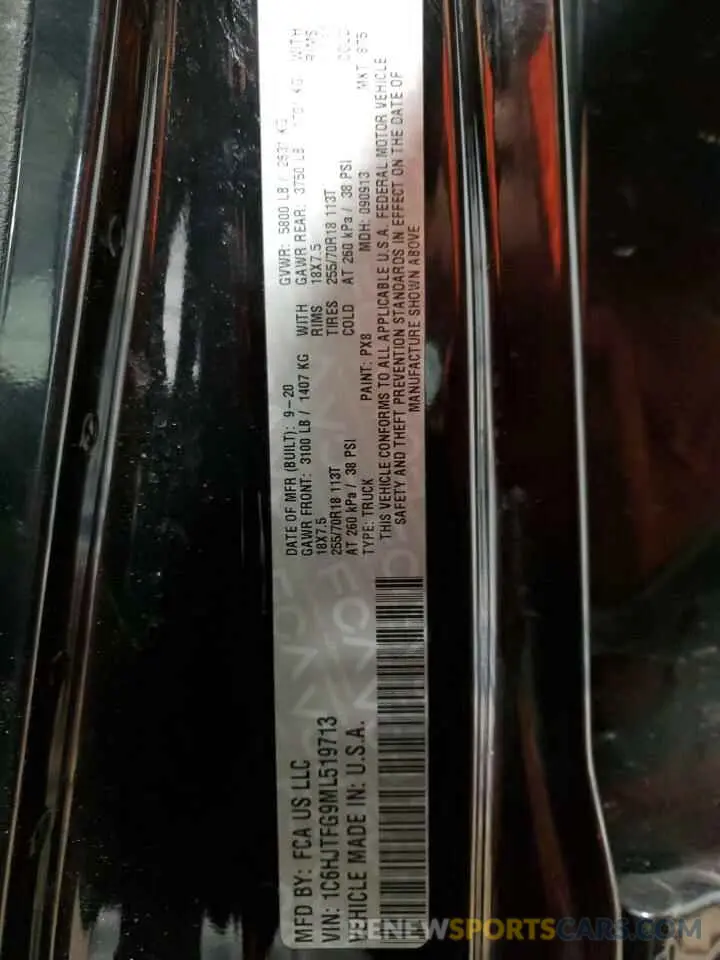 12 fotografías del automóvil dañado 1C6HJTFG9ML519713 JEEP GLADIATOR 2021