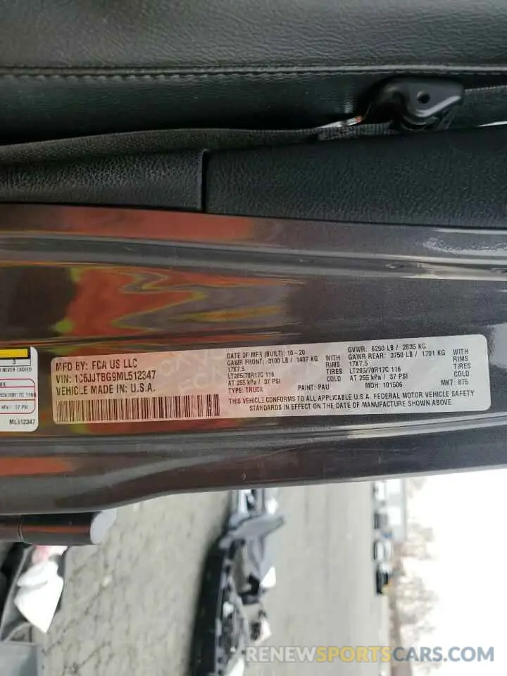 12 fotografías del automóvil dañado 1C6JJTBG9ML512347 JEEP GLADIATOR 2021
