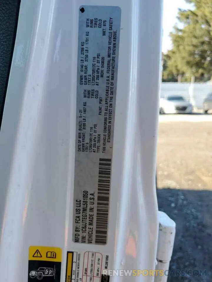 12 fotografías del automóvil dañado 1C6JJTEG7ML581050 JEEP GLADIATOR 2021