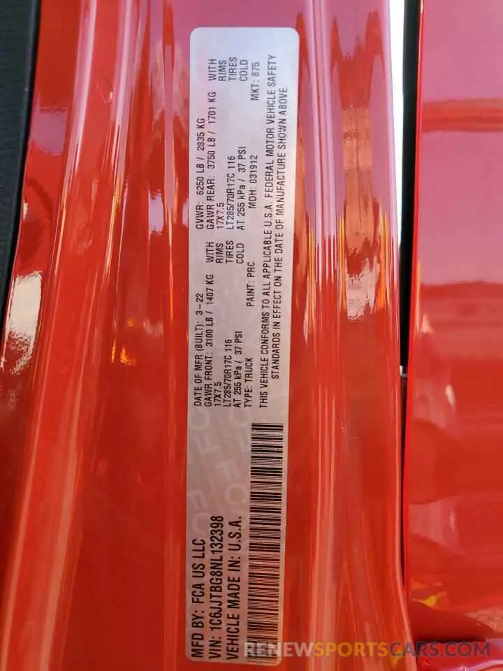 13 fotografías del automóvil dañado 1C6JJTBG8NL132398 JEEP GLADIATOR 2022