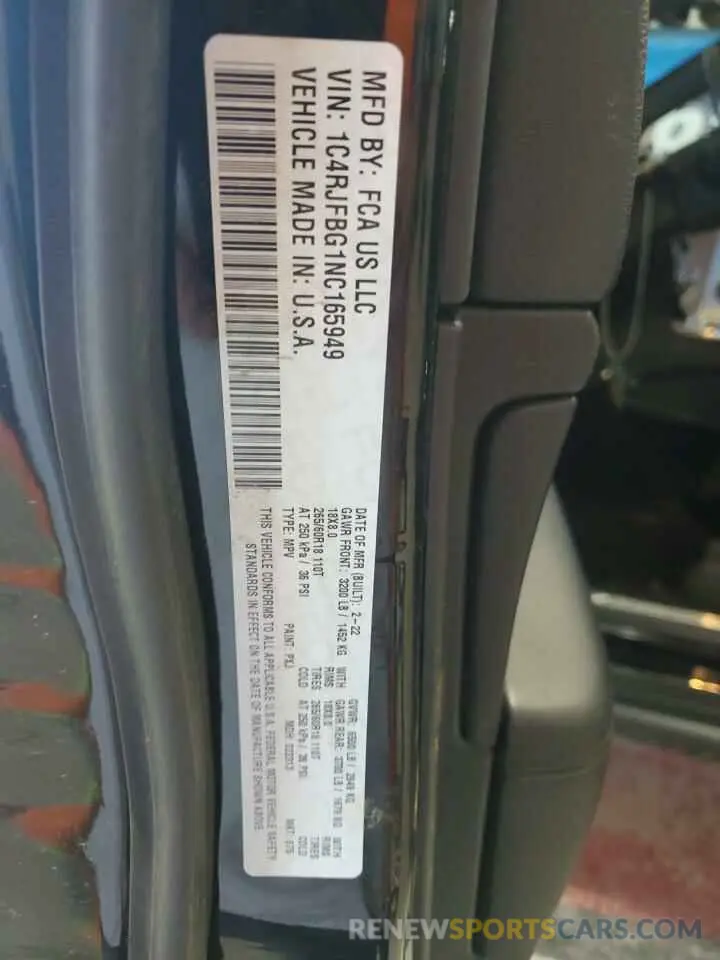 14 fotografías del automóvil dañado 1C4RJFBG1NC165949 JEEP GRAND CHER 2022