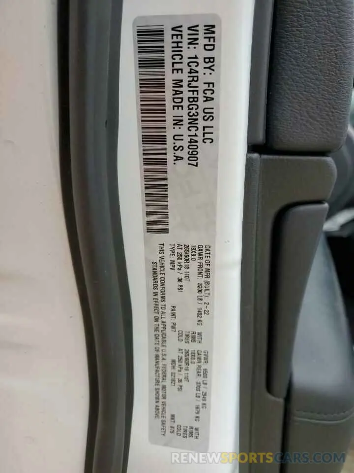 15 fotografías del automóvil dañado 1C4RJFBG3NC140907 JEEP GRAND CHER 2022