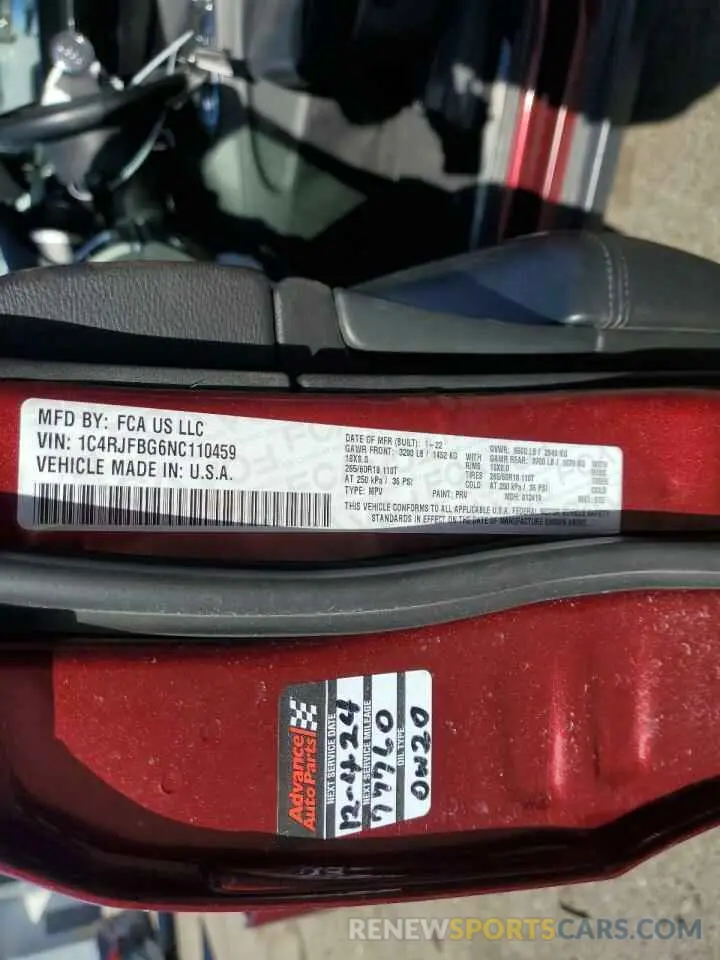 14 fotografías del automóvil dañado 1C4RJFBG6NC110459 JEEP GRAND CHER 2022