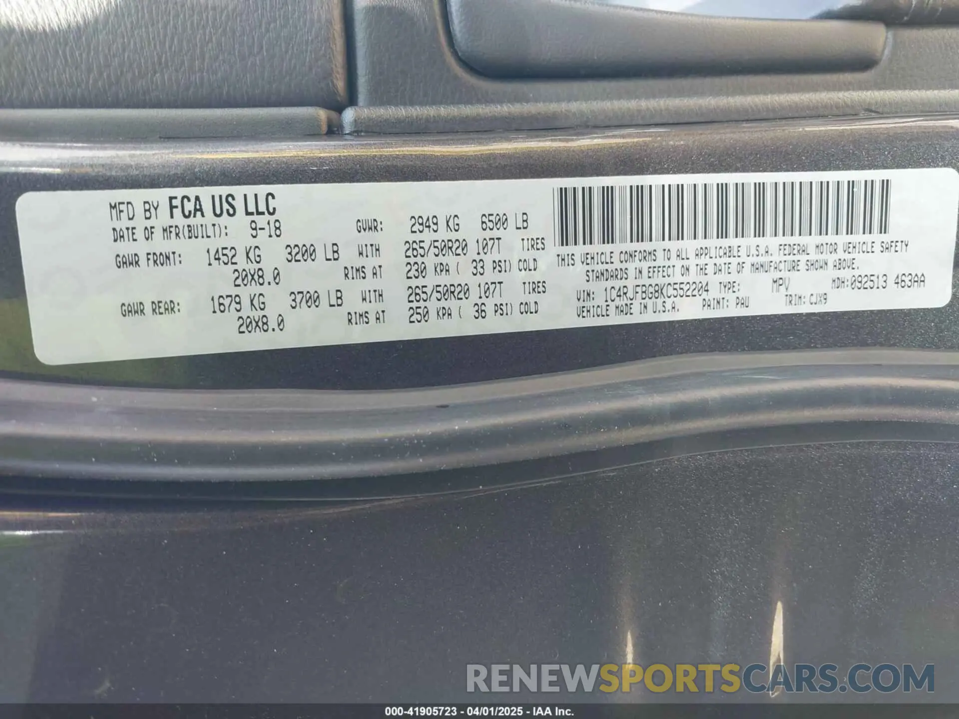 9 fotografías del automóvil dañado 1C4RJFBG8KC552204 JEEP GRAND CHEROKEE 2019