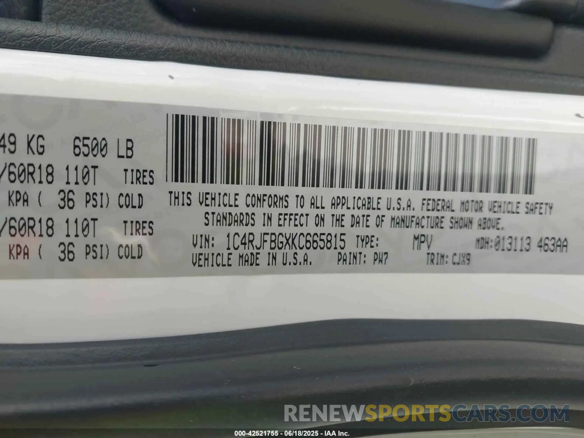 8 fotografías del automóvil dañado 1C4RJFBGXKC665815 JEEP GRAND CHEROKEE 2019