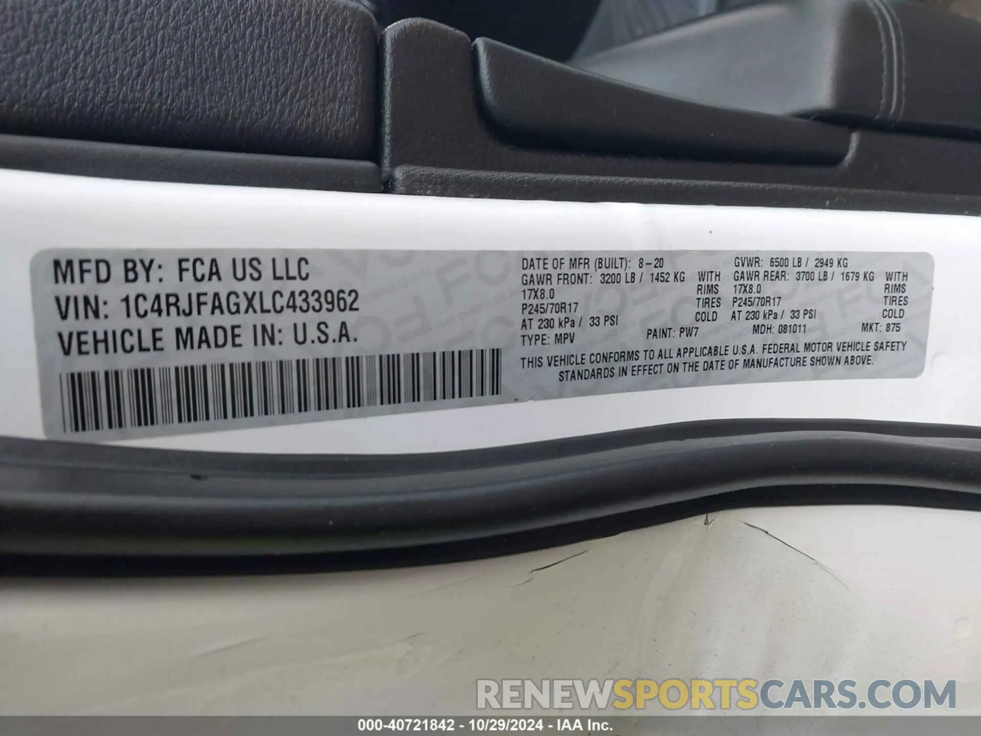9 fotografías del automóvil dañado 1C4RJFAGXLC433962 JEEP GRAND CHEROKEE 2020
