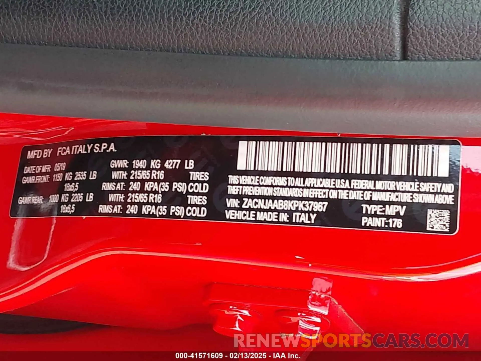 9 fotografías del automóvil dañado ZACNJAAB8KPK37967 JEEP RENEGADE 2019