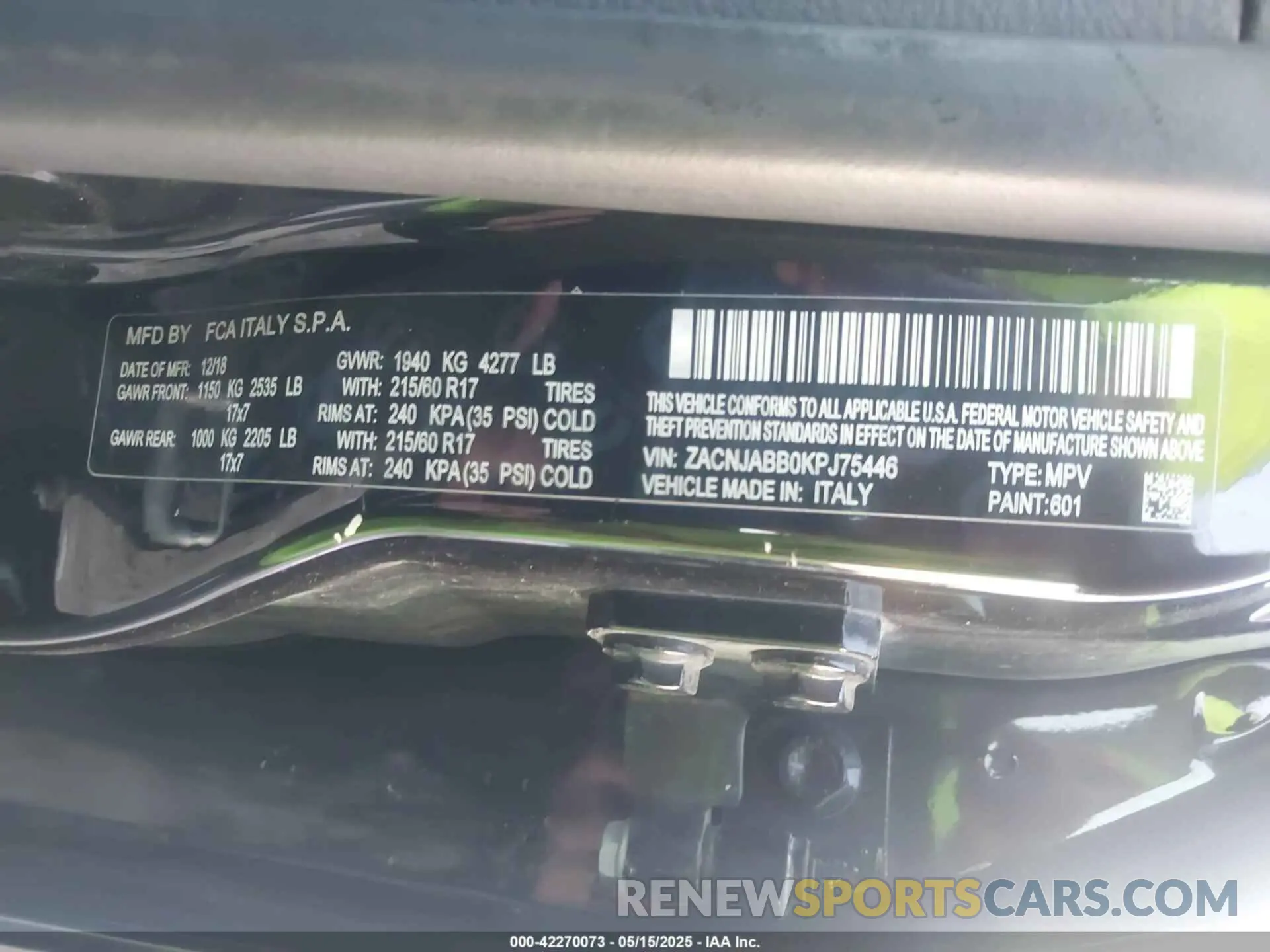9 fotografías del automóvil dañado ZACNJABB0KPJ75446 JEEP RENEGADE 2019